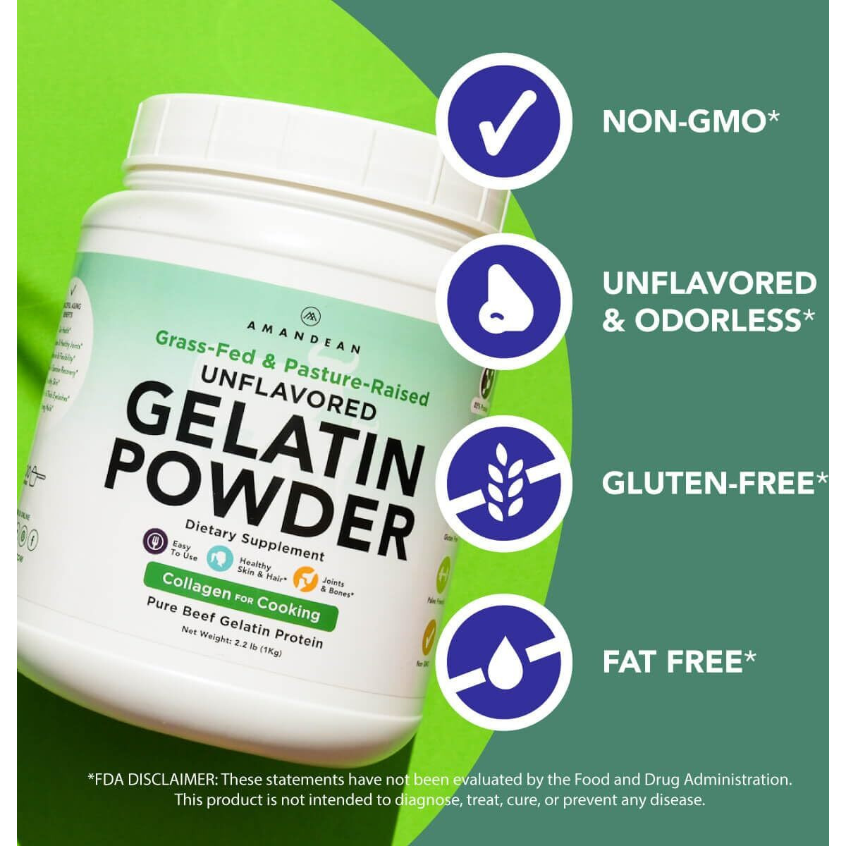 Amandean Premium Gelatin Powder Xl. Grass-Fed Beef Collagen Protein Supplement. Unflavored. Healthy Skin, Hair, Nails, & Gut. Paleo Friendly Cooking And Baking. 18 Amino Acids. Non-Gmo.