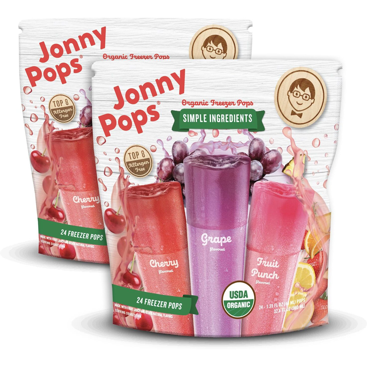 Jonnypops Organic Freezer Pops Variety Pack - Grape, Cherry, Fruit Punch - Top 8 Allergen Free, Vegan & Kosher (24 Count - 2 Pack)