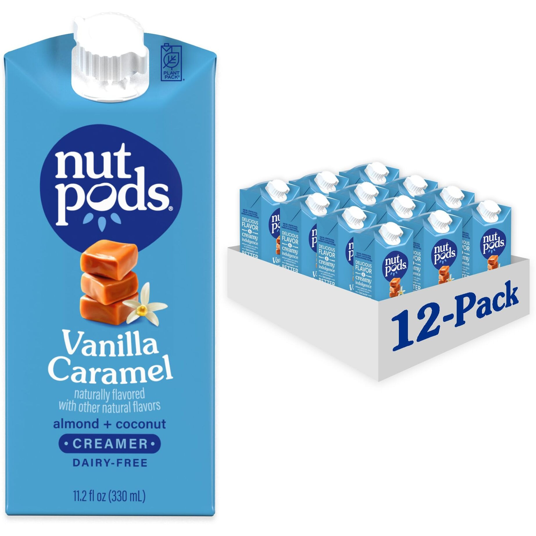 Nutpods Vanilla Caramel Non Dairy Coffee Creamer, Sweetened With Organic Cane Sugar, Made From Almonds And Coconuts, Gluten Free, Non-Gmo, Vegan, Kosher, Plant Based (12-Pack)
