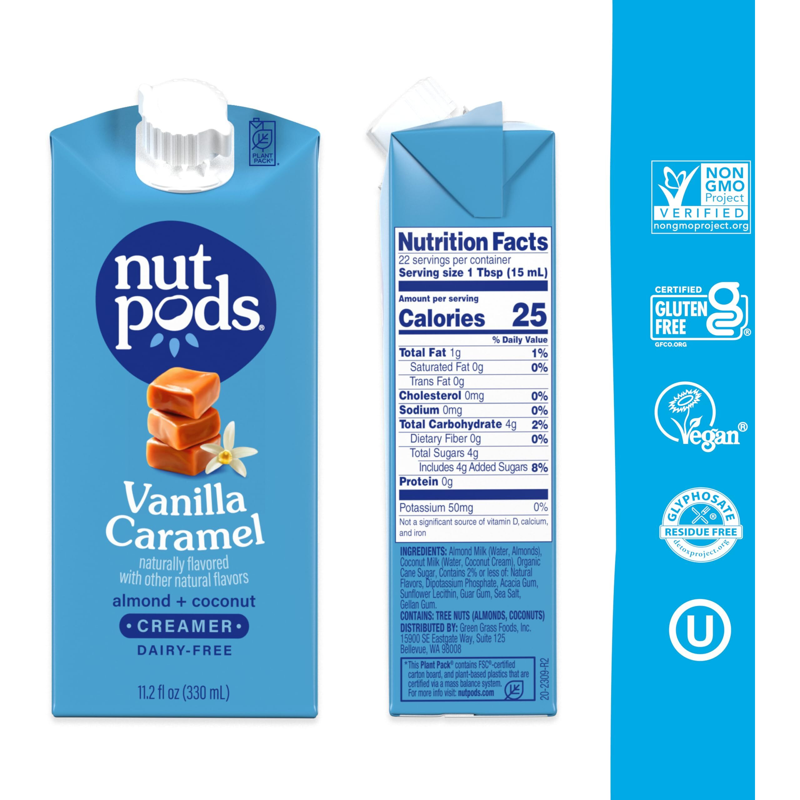 Nutpods Vanilla Caramel Non Dairy Coffee Creamer, Sweetened With Organic Cane Sugar, Made From Almonds And Coconuts, Gluten Free, Non-Gmo, Vegan, Kosher, Plant Based (12-Pack)
