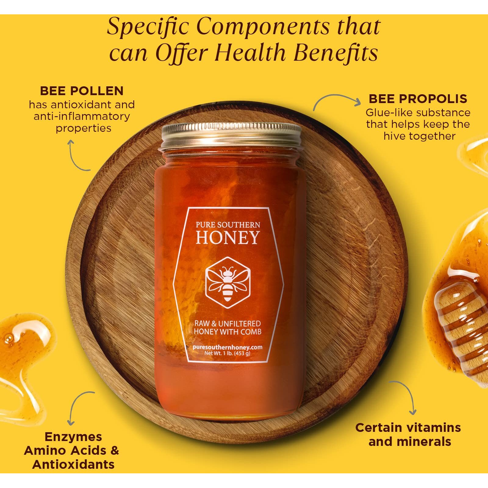 1 Lb. 100% Raw & Unfiltered Gallberry Honey With Comb - American Made By Pure Southern Honey
