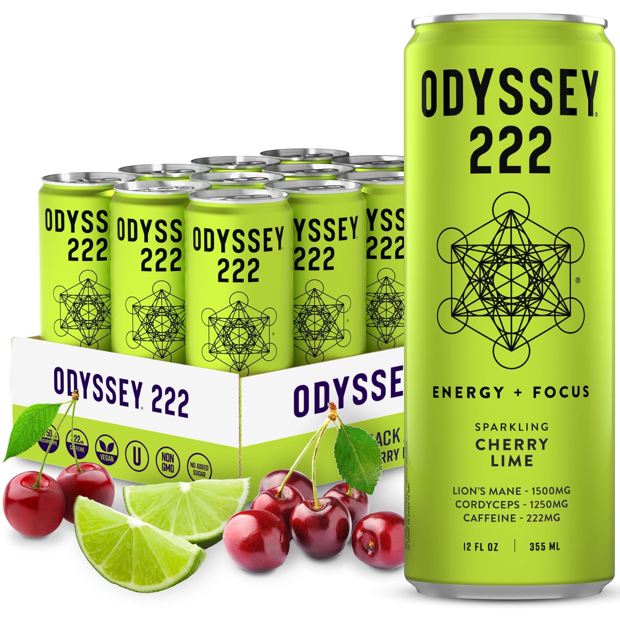 Odyssey 222 Energy Drink, Pre Workout, 222Mg Caffeine, Clean Energy Drinks, L Theanine, Lions Mane, Cordyceps & Green Tea For Energy, Focus & Mood Boost, Low Calorie, Cherry Lime, 12 Fl Oz, 12 Pack