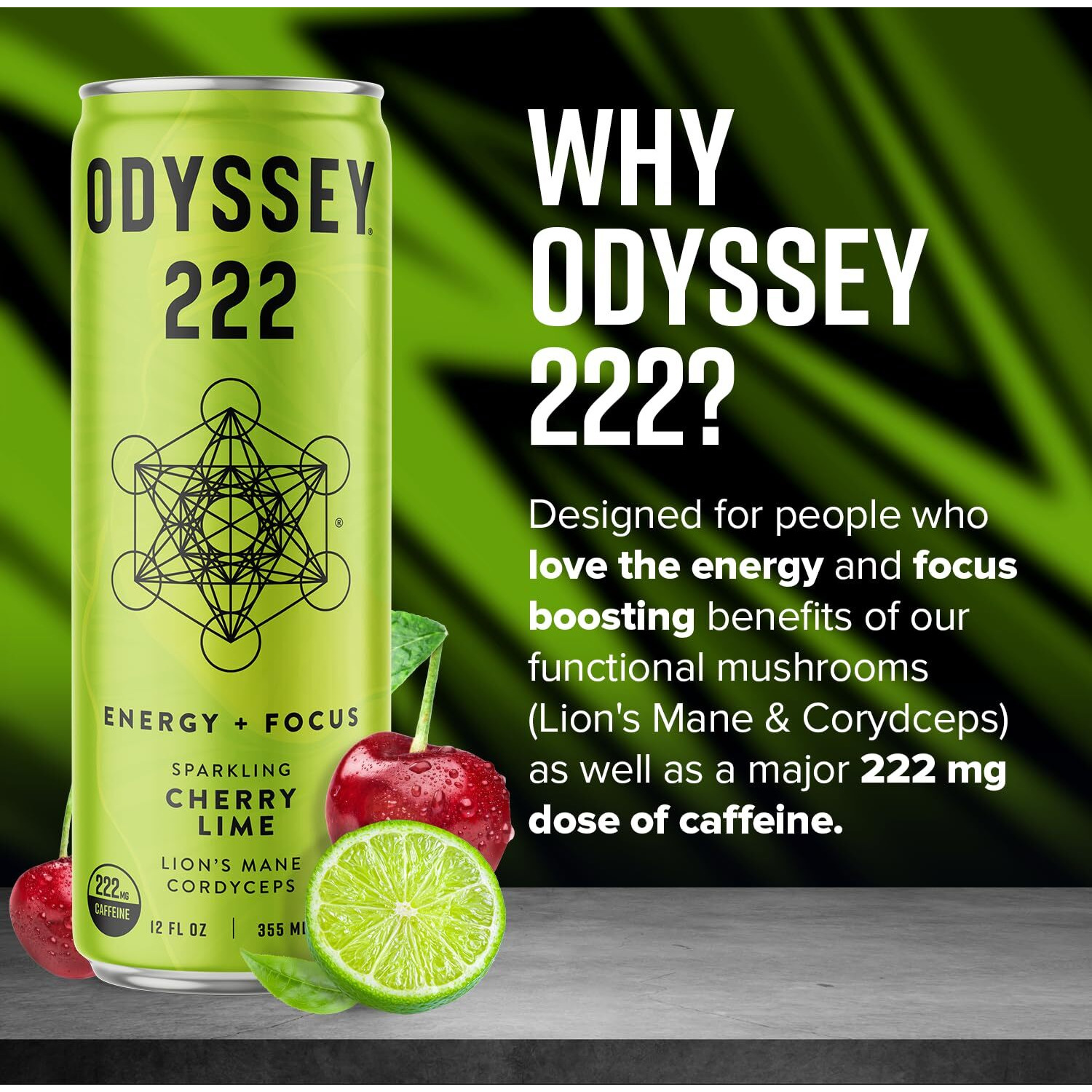 Odyssey 222 Energy Drink, Pre Workout, 222Mg Caffeine, Clean Energy Drinks, L Theanine, Lions Mane, Cordyceps & Green Tea For Energy, Focus & Mood Boost, Low Calorie, Cherry Lime, 12 Fl Oz, 12 Pack