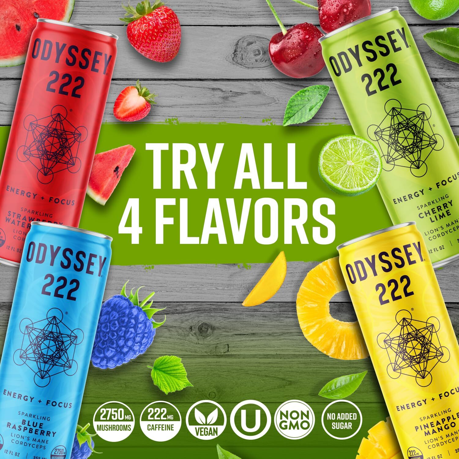 Odyssey 222 Energy Drink, Pre Workout, 222Mg Caffeine, Clean Energy Drinks, L Theanine, Lions Mane, Cordyceps & Green Tea For Energy, Focus & Mood Boost, Low Calorie, Cherry Lime, 12 Fl Oz, 12 Pack