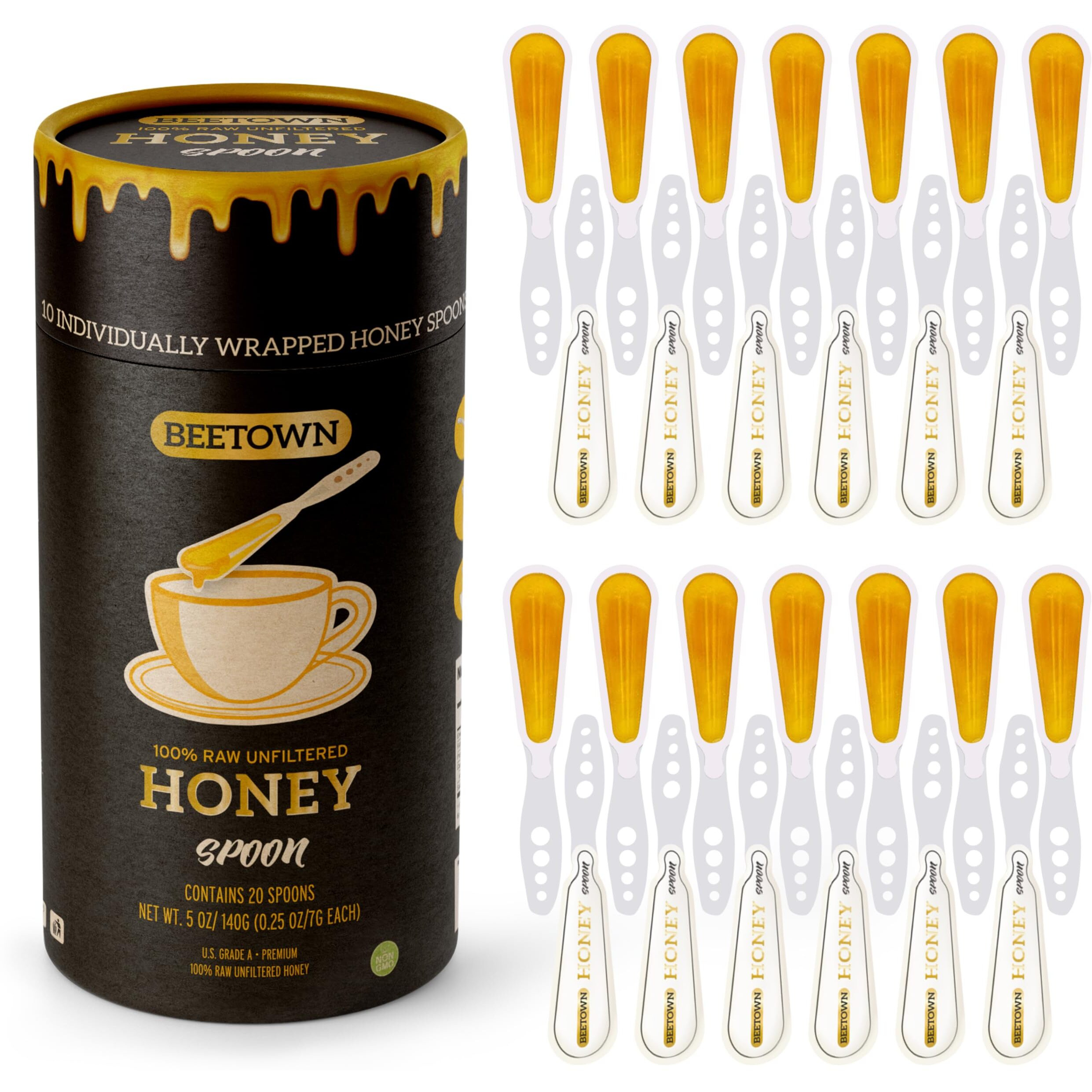 Elephant Park 100% Raw Unfiltered Honey Spoon Stirrer 20 Pack Premium Us Grade A Non-Gmo Individually Wrapped And Sealed On The Go Single Serve Natural Sweetener