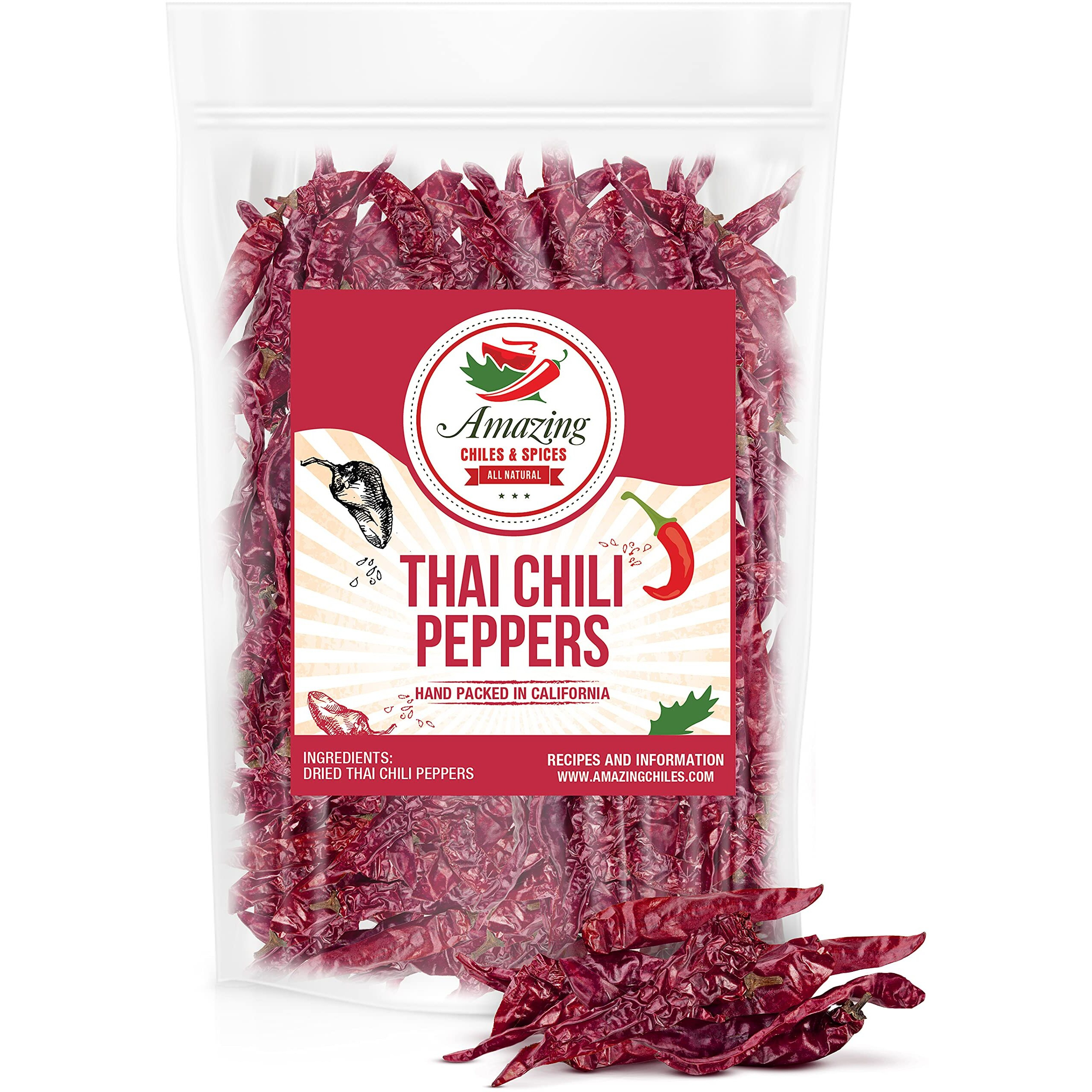 Authentic Red Thai Chili Peppers, 5 Oz. Bag, Genuine Hot Red Whole Pepper Chilis, Dried Fresh For Cooking Traditional Asian Foods, Soups, And Curry By Amazing Chiles & Spices