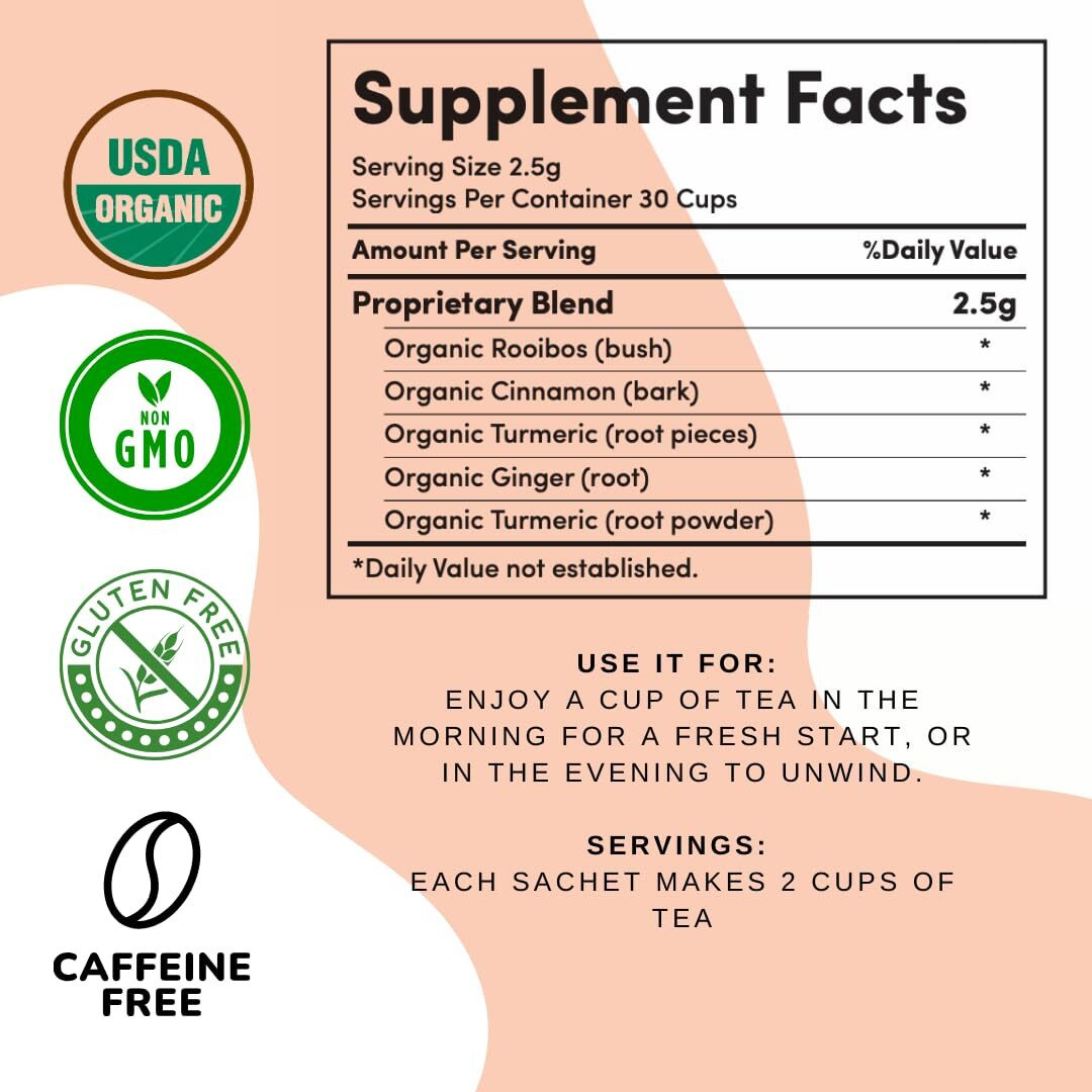 Organic Turmeric Ginger Tea - Aip Diet, Whole 30, Paleo Friendly, Golden Tonic Herbal Blend - Ayurvedic Rooibos Herbs, 100% Organic Gluten-Free