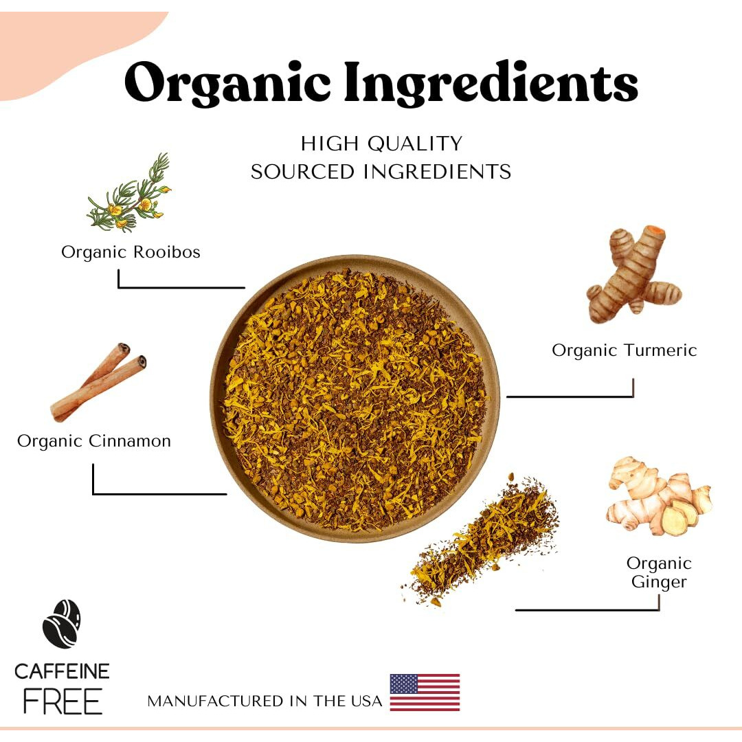 Organic Turmeric Ginger Tea - Aip Diet, Whole 30, Paleo Friendly, Golden Tonic Herbal Blend - Ayurvedic Rooibos Herbs, 100% Organic Gluten-Free