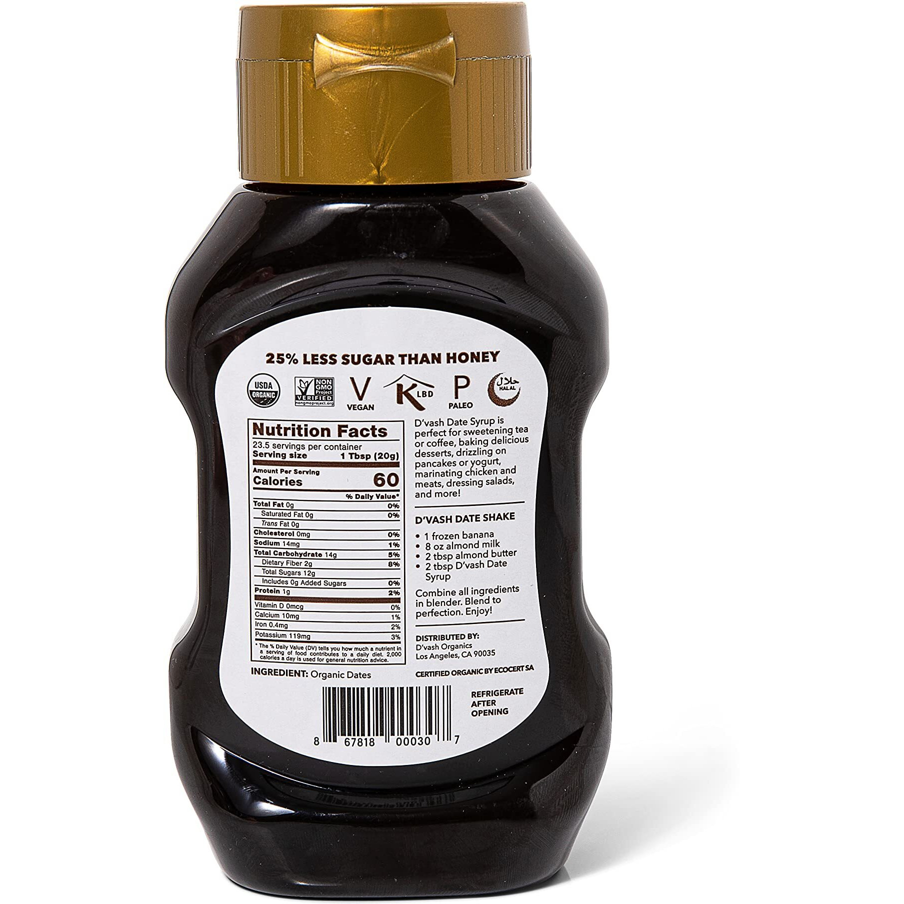 Organic Date Syrup 1 Ingredient 100% Dates | D'Vash Organics | 16.6 Oz Squeeze Bottle | California Dates, Non-Gmo, Vegan, No Added Sugar, Sugar Substitute, Gluten Free And Kosher |