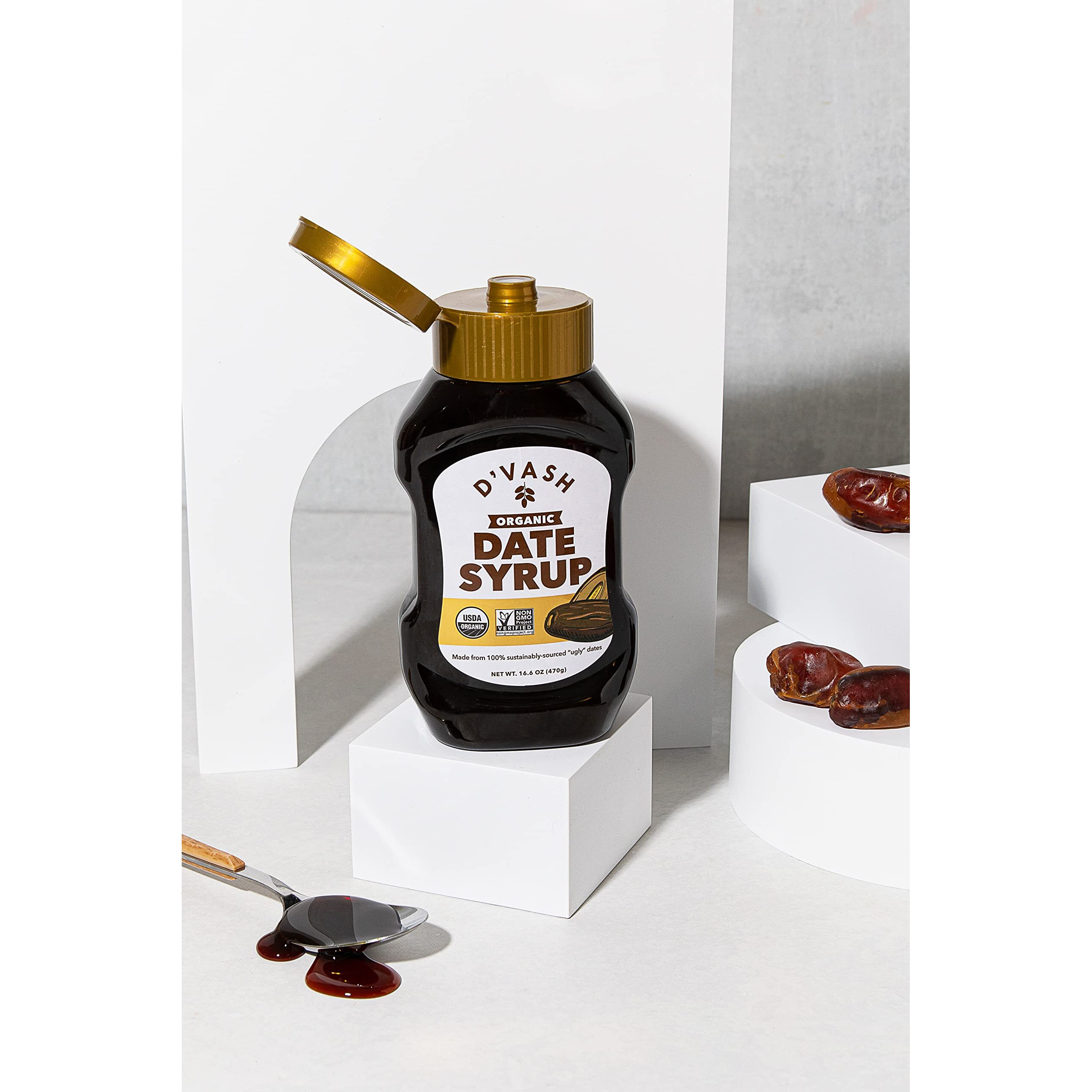 Organic Date Syrup 1 Ingredient 100% Dates | D'Vash Organics | 16.6 Oz Squeeze Bottle | California Dates, Non-Gmo, Vegan, No Added Sugar, Sugar Substitute, Gluten Free And Kosher |