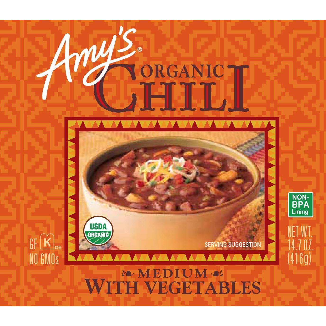Amy's, Chili, Gluten Free, Vegetarian, Vegetable, Organic, Medium Spice, Jalapeo Pepper, 14.7 Oz, Pack Of 12