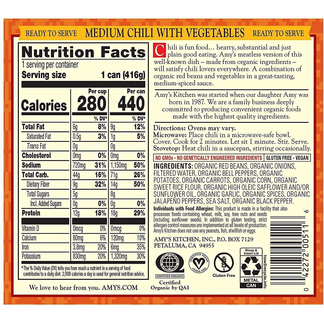 Amy's, Chili, Gluten Free, Vegetarian, Vegetable, Organic, Medium Spice, Jalapeo Pepper, 14.7 Oz, Pack Of 12