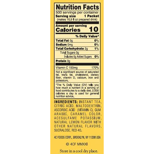 4C Powder Drink Stix, Lemon Tea 500 Count, Bulk Buy, Singles Stix, On The Go, Refreshing Water Flavorings, Value Pack