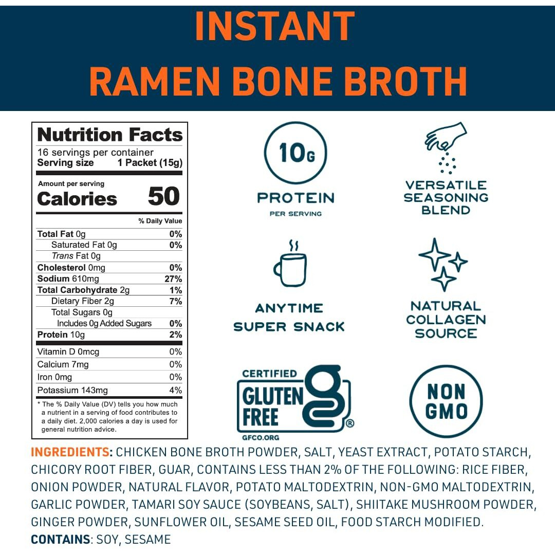 Bare Bones Bone Broth Instant Powdered Beverage Mix, Ramen, Pack Of 16, 15G Sticks, 10G Protein, Keto & Paleo Friendly, Non-Gmo, Gluten-Free, Dairy-Free