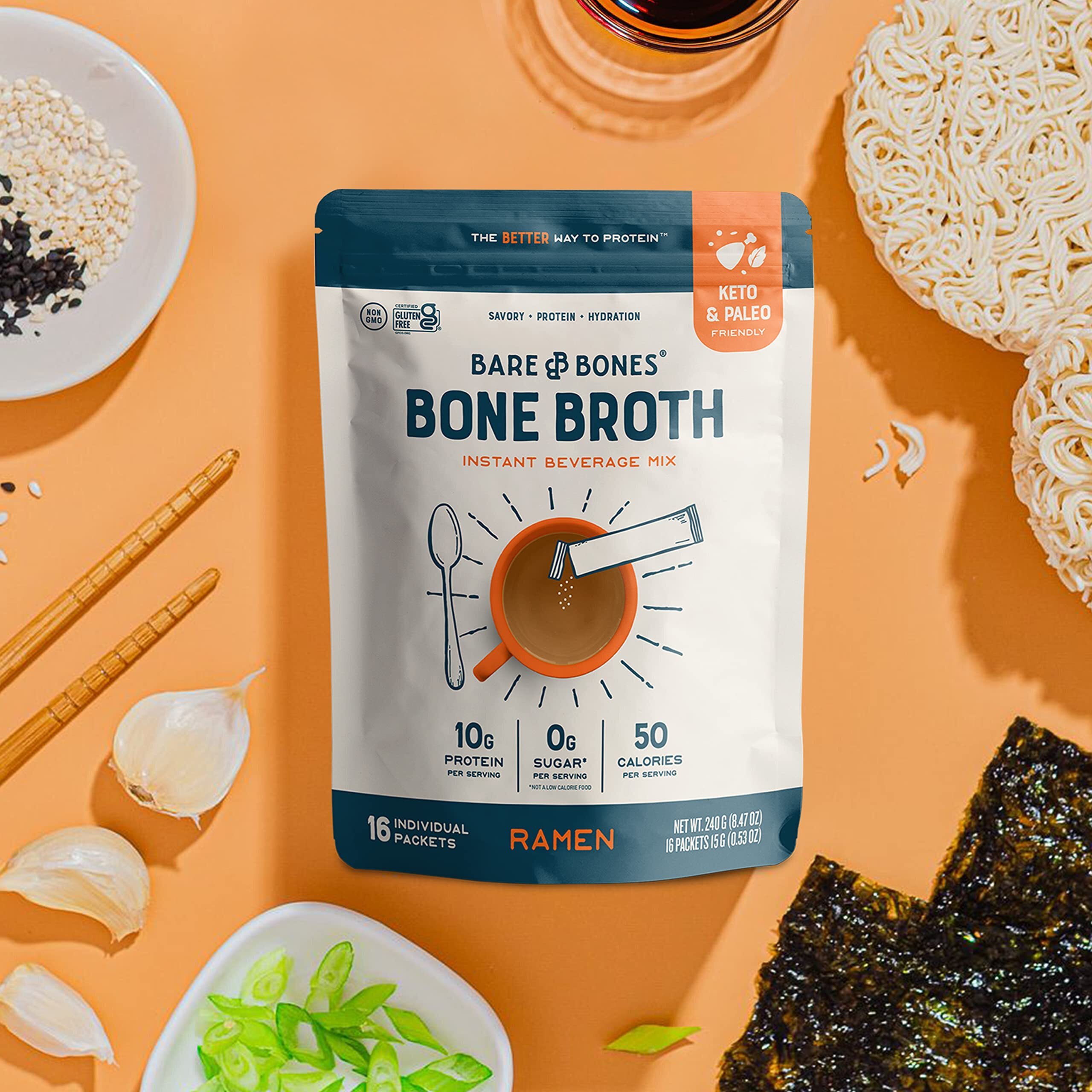 Bare Bones Bone Broth Instant Powdered Beverage Mix, Ramen, Pack Of 16, 15G Sticks, 10G Protein, Keto & Paleo Friendly, Non-Gmo, Gluten-Free, Dairy-Free