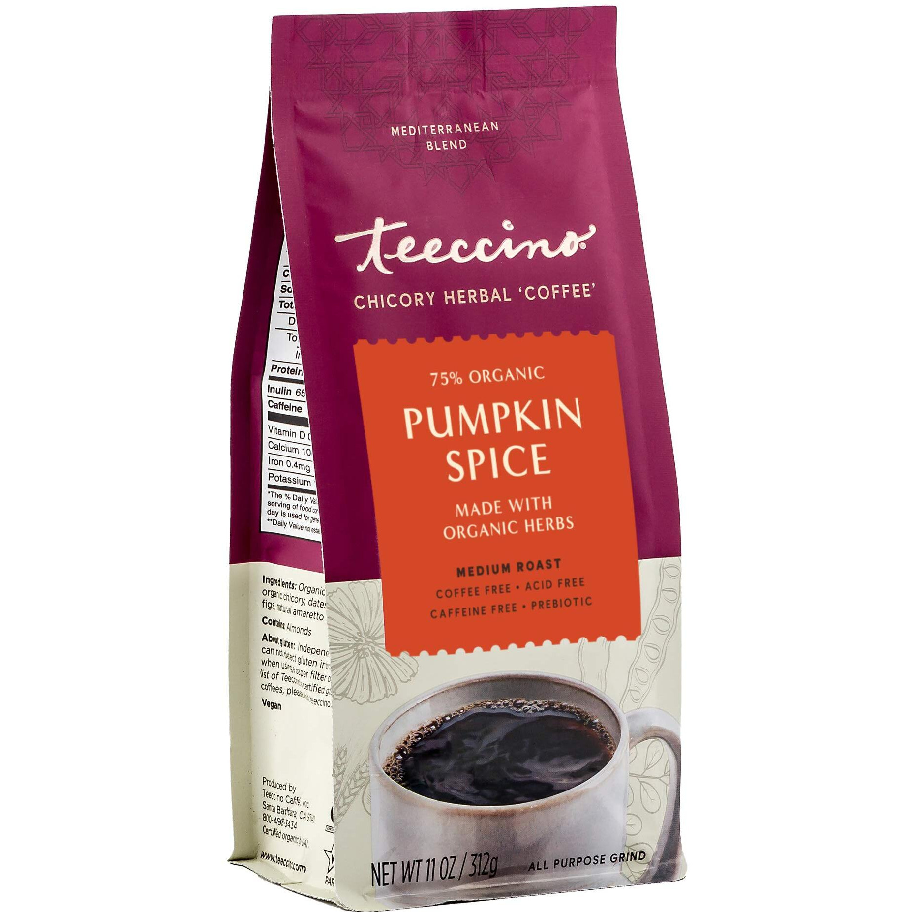 Teeccino Chicory Coffee Alternative - Pumpkin Spice - Falls Favorite Hot Beverage Thats Prebiotic, Caffeine-Free & Acid Free, Medium Roast, 11 Ounce