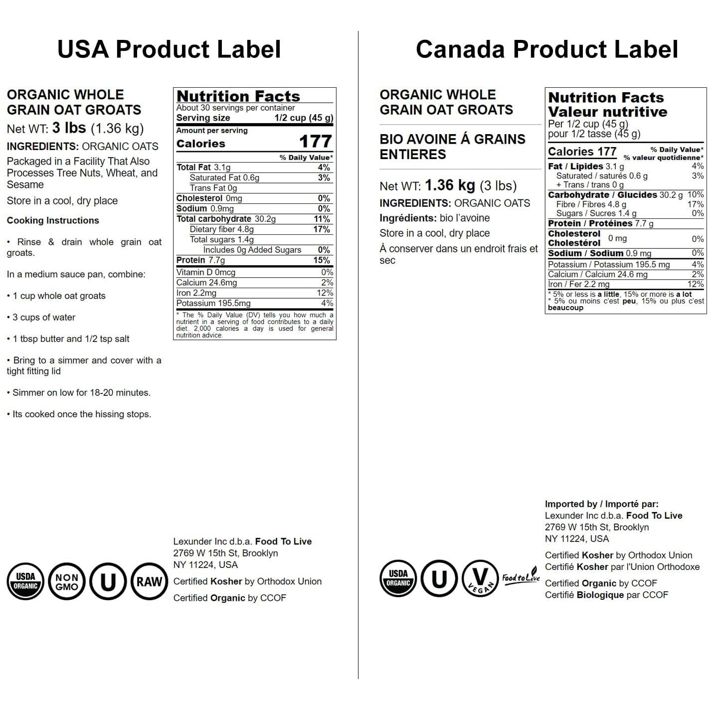 Food To Live Organic Oat Groats, 3 Pounds - 100% Whole Grain, Non-Gmo Seeds, Kosher, Raw, Non-Irradiated, Vegan, Bulk, Low Glycemic, Rich In Protein, Fiber, Copper And Manganese