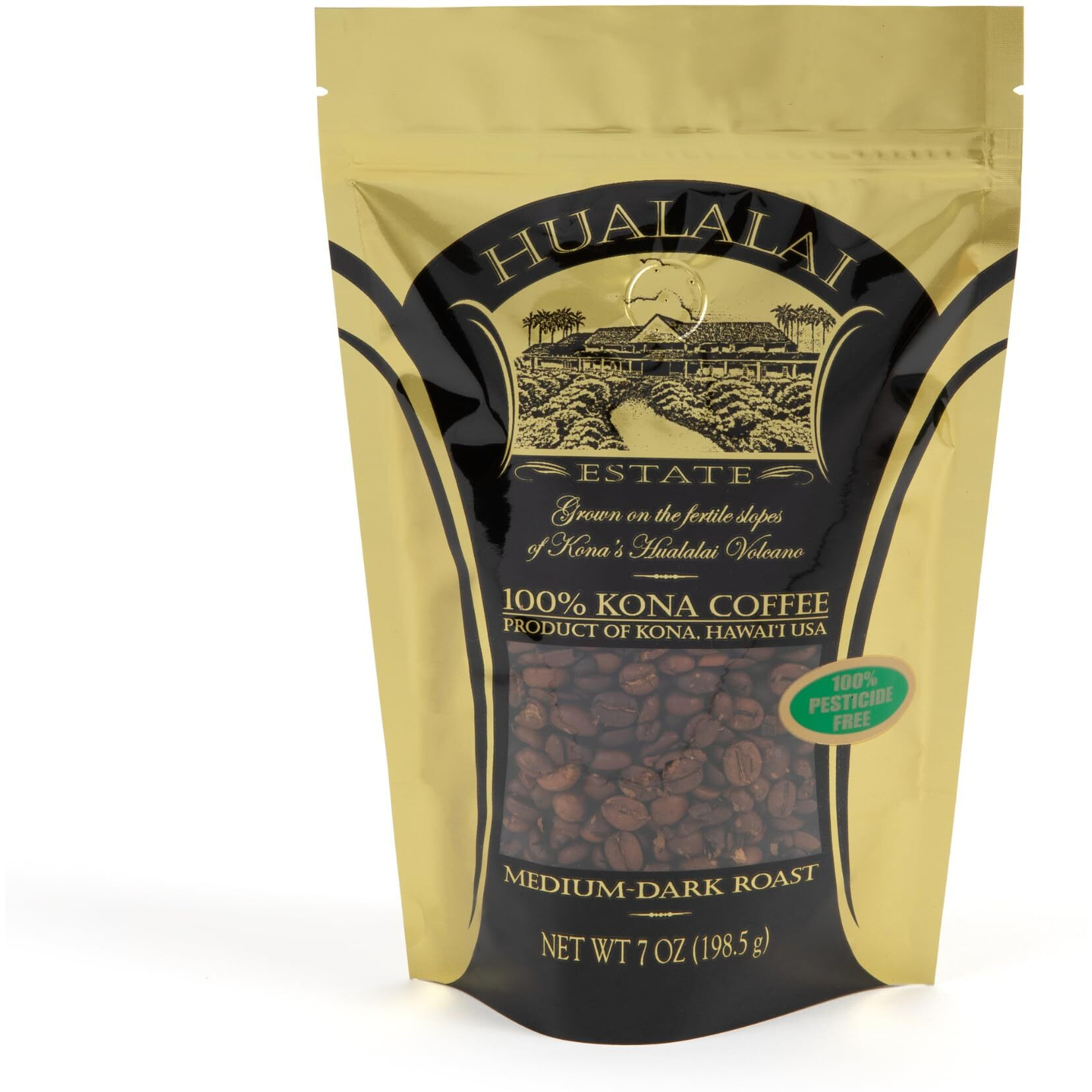 Hualalai Estate Whole Bean 100% Kona Coffee - Medium Dark Roasted Hawaiian Grown Beans - Pesticide-Free Gourmet Grade Premium Coffee (7 Oz)