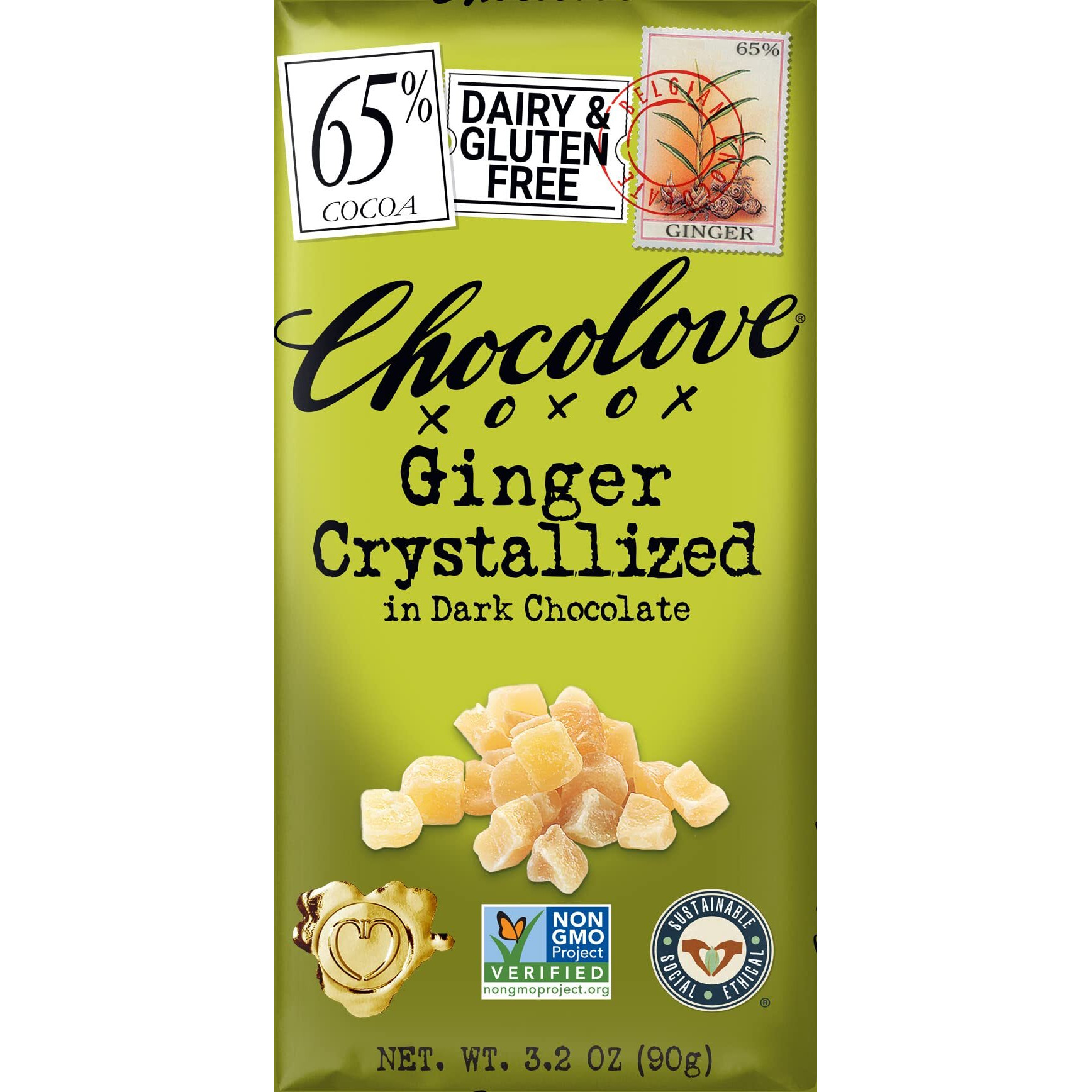 Chocolove Chocolate Bar, Ginger Crystallized In Dark Chocolate, 3.2 Ounce (Pack Of 12)