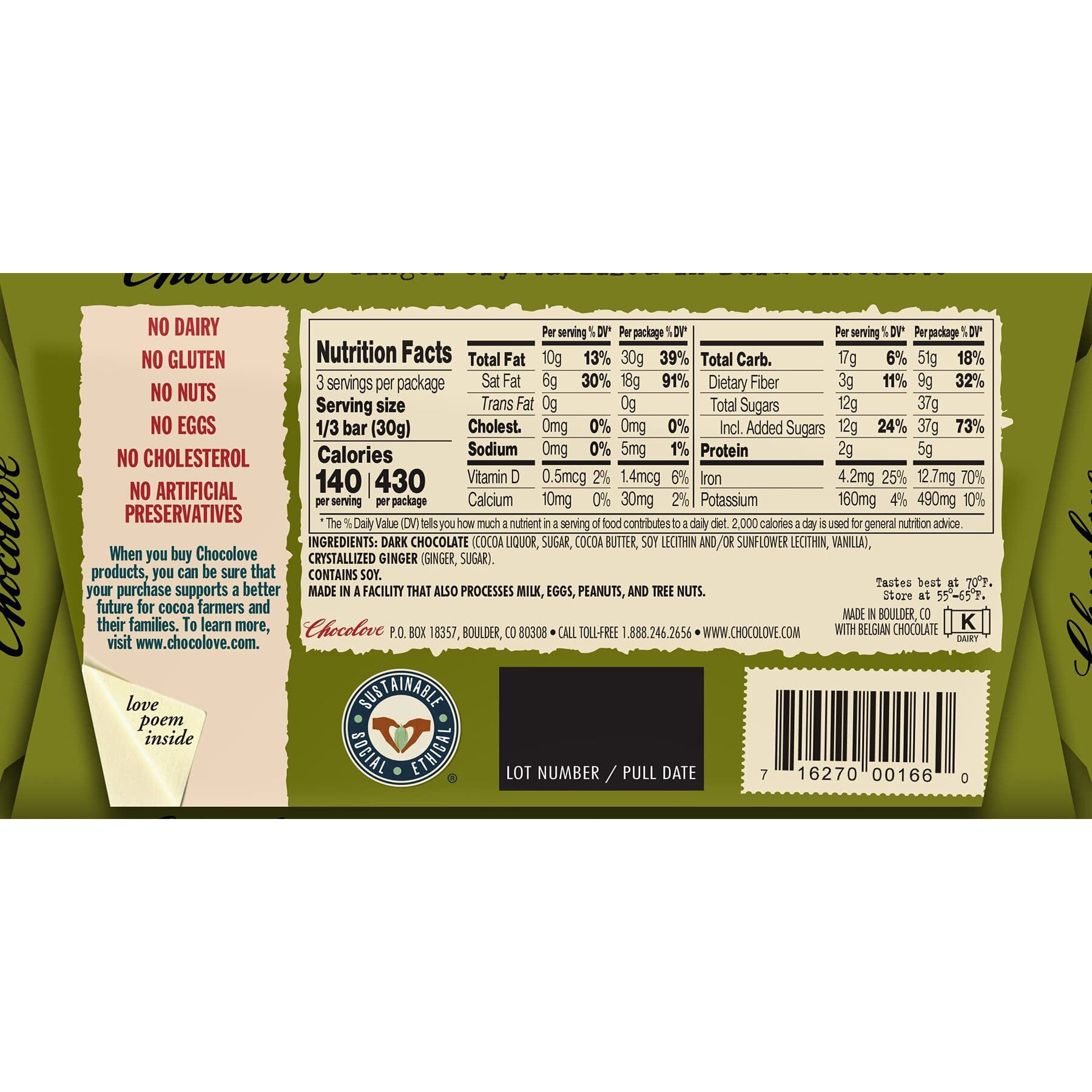 Chocolove Chocolate Bar, Ginger Crystallized In Dark Chocolate, 3.2 Ounce (Pack Of 12)