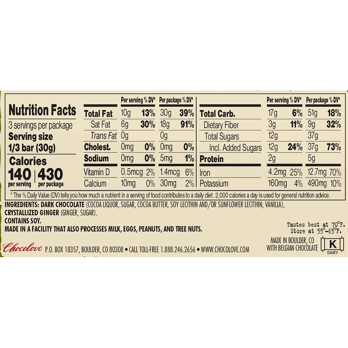 Chocolove Chocolate Bar, Ginger Crystallized In Dark Chocolate, 3.2 Ounce (Pack Of 12)