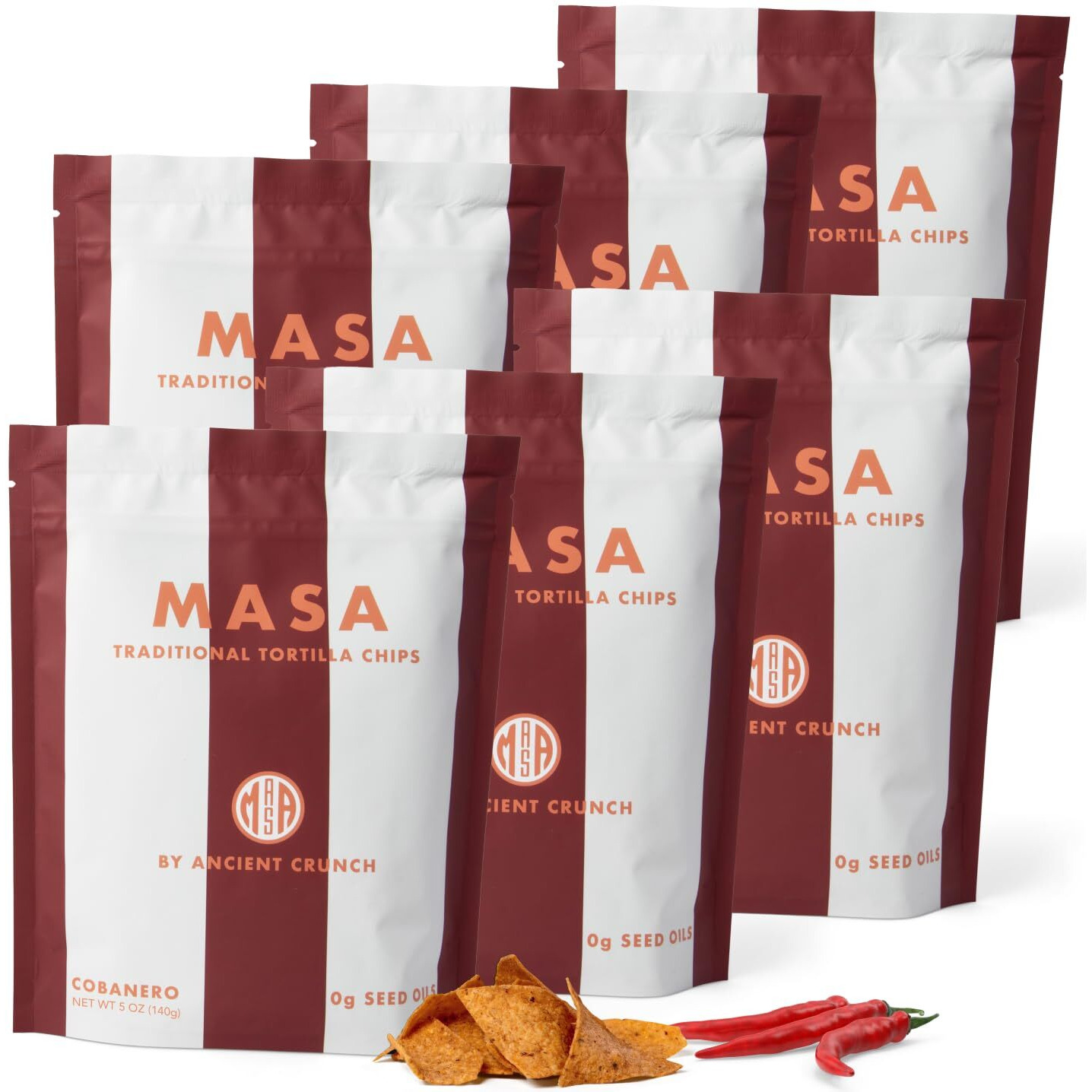 Masa Chips - Cobanero Tortilla Chips - Handmade Corn Tortillas - Spicy Chips & Snacks - Naturally Grown Yellow Corn, Grass Fed Tallow, Sea Salt, Chili - Seed Oil-Free Hot Chips - 6 Pack 5 Ounce Each