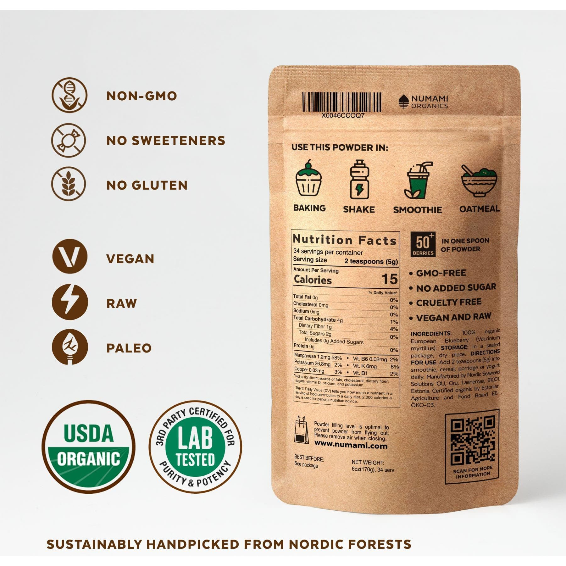 Numami Wild Blueberry Powder Organic, For Smoothies, Baking And Flavoring, Rich In Antioxydants And Vitamin C, Organic Blueberries Are Handpicked From Nordic Forests Freeze Dried (6 Ounce)