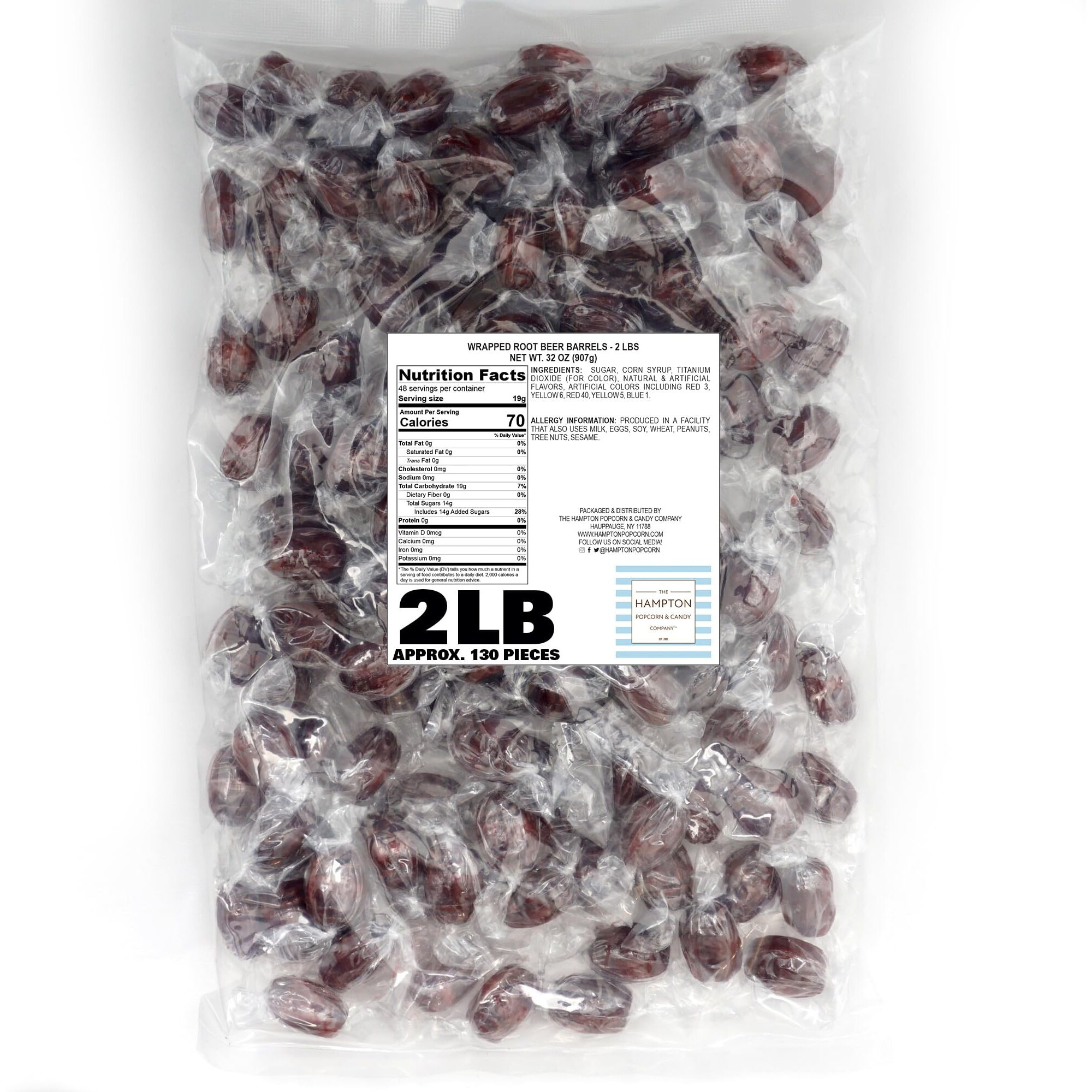 Root Beer Barrels Hard Candy - 2Lb Bulk Bag (Approximately 130 Pcs) - Old Fashioned Hard Candy - Individually Wrapped Bulk Candy - The Hampton Popcorn & Candy Company