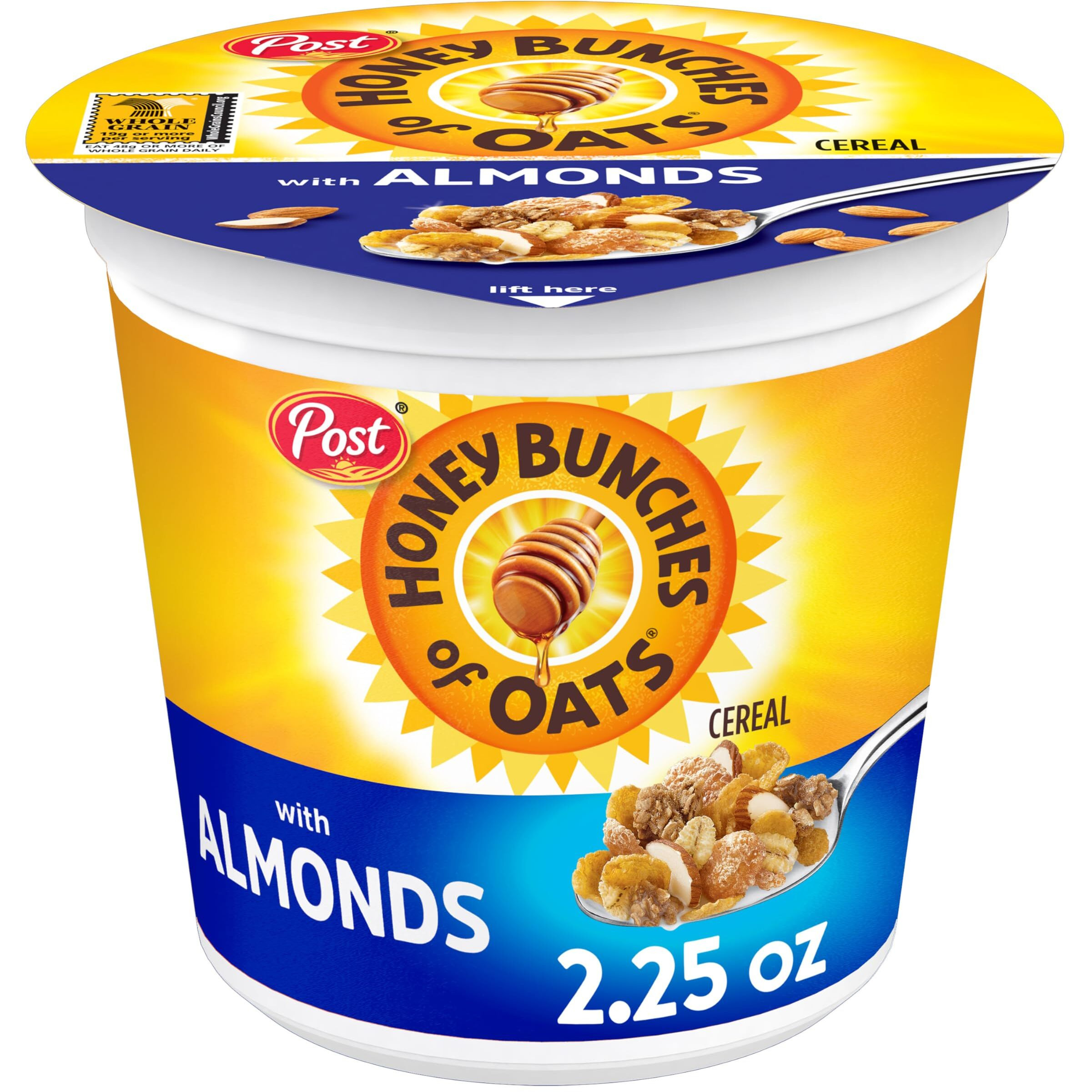 Post Honey Bunches Of Oats With Almonds Breakfast Cereal, Honey Cereal With Granola Clusters And Sliced Almonds, Small Cereal Cup Size For Easy On-The-Go Breakfast, 2.25 Oz Cereal Cup (Pack Of 12)