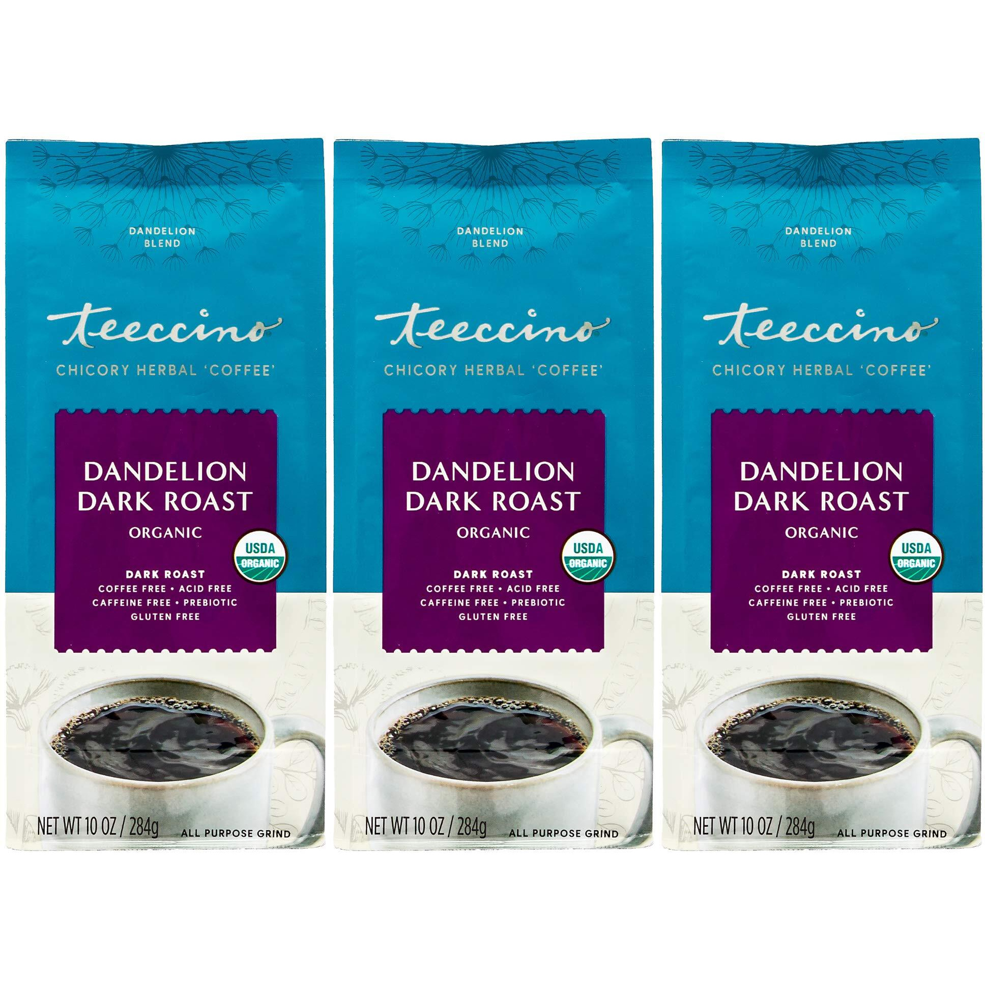 Teeccino Dandelion Dark Roast Herbal Coffee - Caffeine-Free Coffee Alternative With Prebiotics, Gluten Free, Acid Free, Organic - 10 Oz (Pack Of 3)