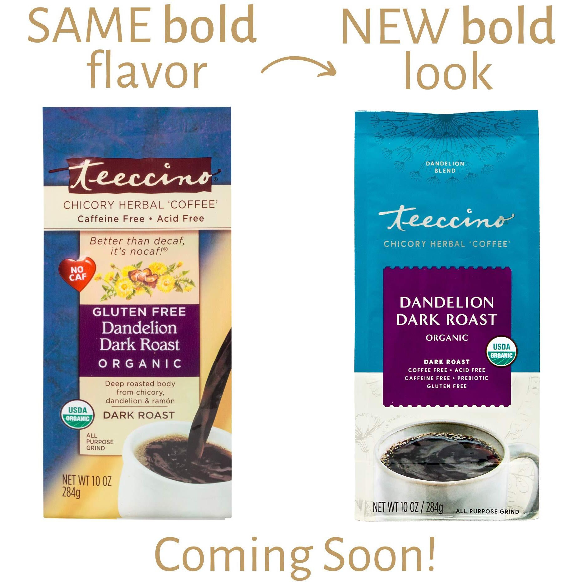 Teeccino Dandelion Dark Roast Herbal Coffee - Caffeine-Free Coffee Alternative With Prebiotics, Gluten Free, Acid Free, Organic - 10 Oz (Pack Of 3)