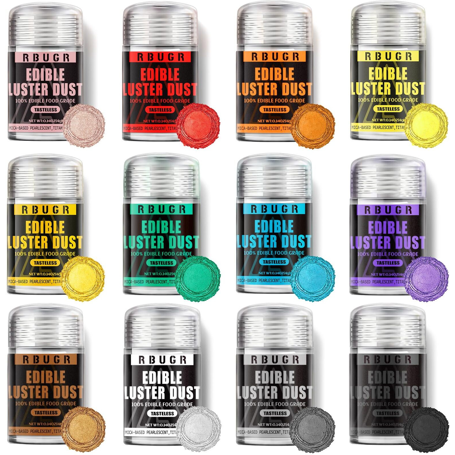 Rbugr Luster Dust Edible, 12 Colors Edible Glitter Pack, Cocktail Glitter Food Glitter Edible Dust, Vegan Edible Shimmer Dust, Glitter Drink Powder For Cakes Cookies Chocolates Baking(4G/0.14Oz)