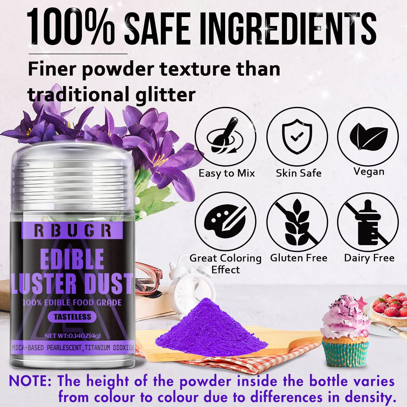 Rbugr Luster Dust Edible, 12 Colors Edible Glitter Pack, Cocktail Glitter Food Glitter Edible Dust, Vegan Edible Shimmer Dust, Glitter Drink Powder For Cakes Cookies Chocolates Baking(4G/0.14Oz)
