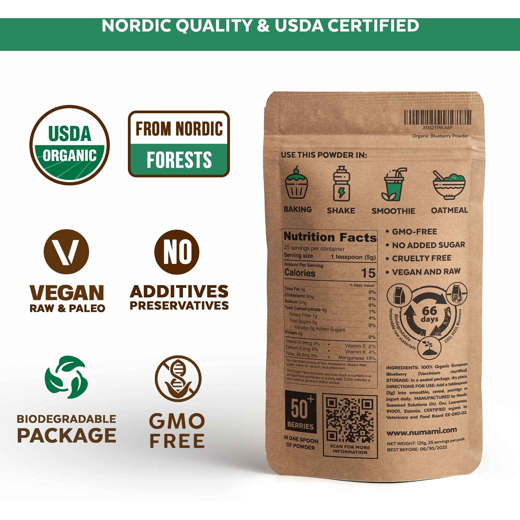 Numami Wild Blueberry Powder Organic, For Smoothies, Baking And Flavoring, Rich In Antioxydants And Vitamin C, Organic Blueberries Are Handpicked From Nordic Forests Freeze Dried (4.4 Ounce)