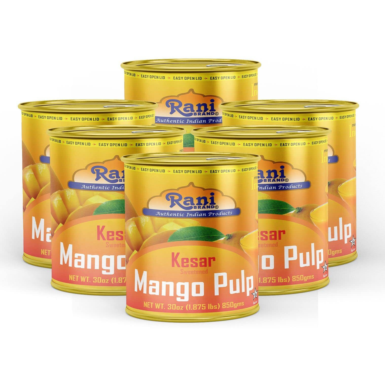 Rani Mango Pulp Puree (Makes Mango Lassi Shakes) Kesar Sweetened 30Oz (1.875Lbs) 850G Pack Of 6 ~ Kosher | All Natural | Non-Gmo | Vegan | No Colors | Gluten Friendly | Indian Origin