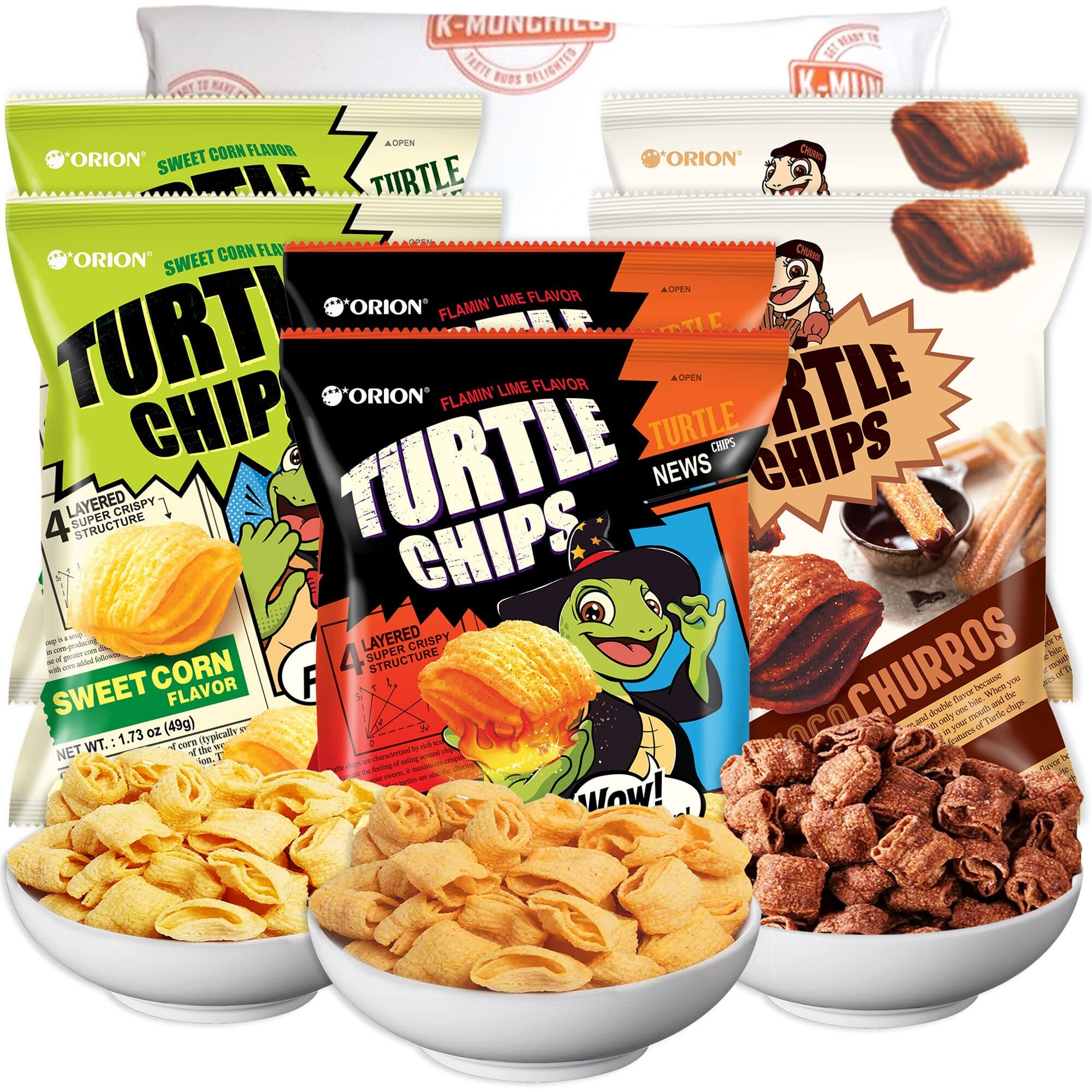 K-Munchies Orion Turtle Chips - 6 Variety Packs, 49G - Churro Chips (2), Sweet Corn Chips (2), And Flamin' Lime Korean Chips (2) - Savory, Crispy Korean Snacks - On-The-Go Korean Corn Snack Chips