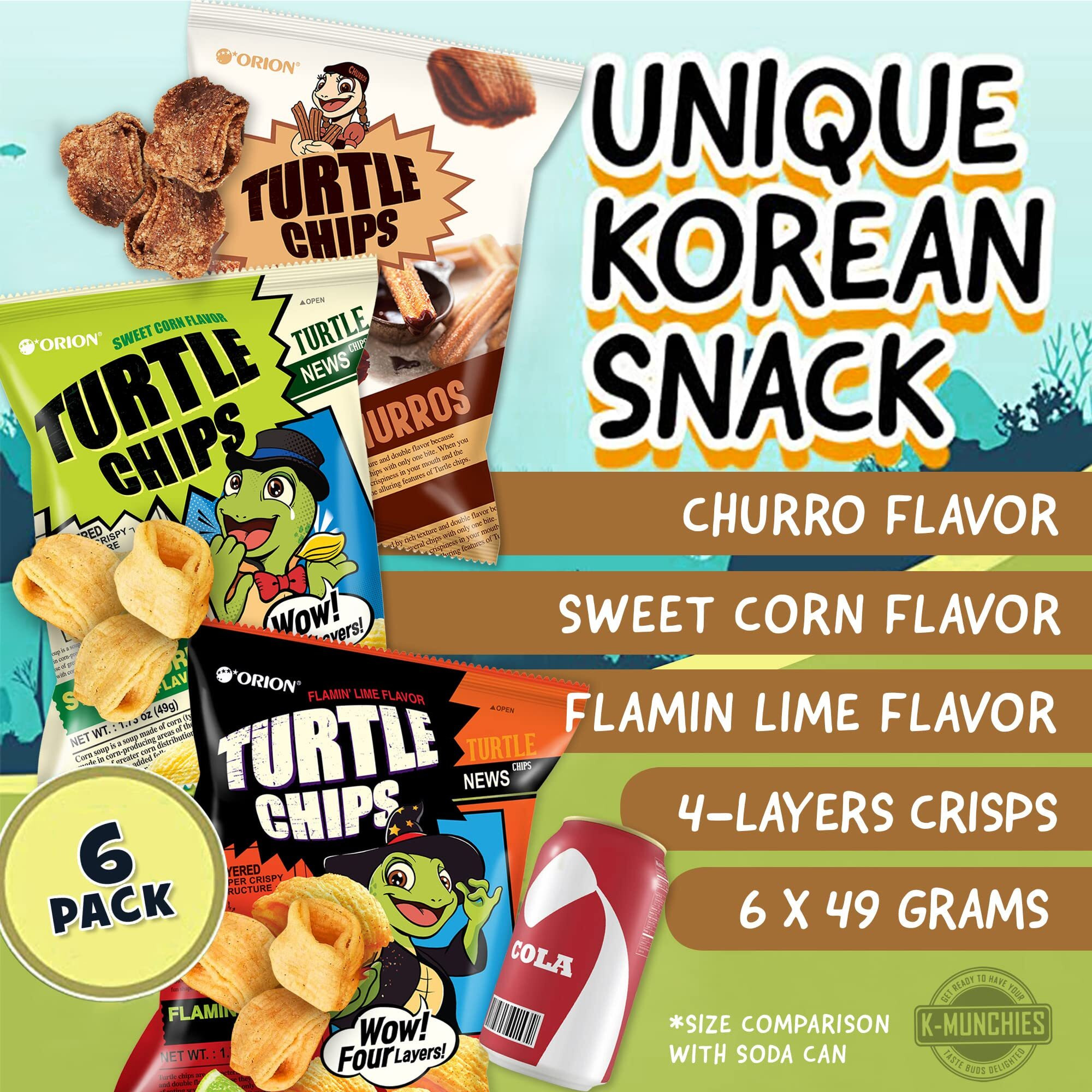 K-Munchies Orion Turtle Chips - 6 Variety Packs, 49G - Churro Chips (2), Sweet Corn Chips (2), And Flamin' Lime Korean Chips (2) - Savory, Crispy Korean Snacks - On-The-Go Korean Corn Snack Chips