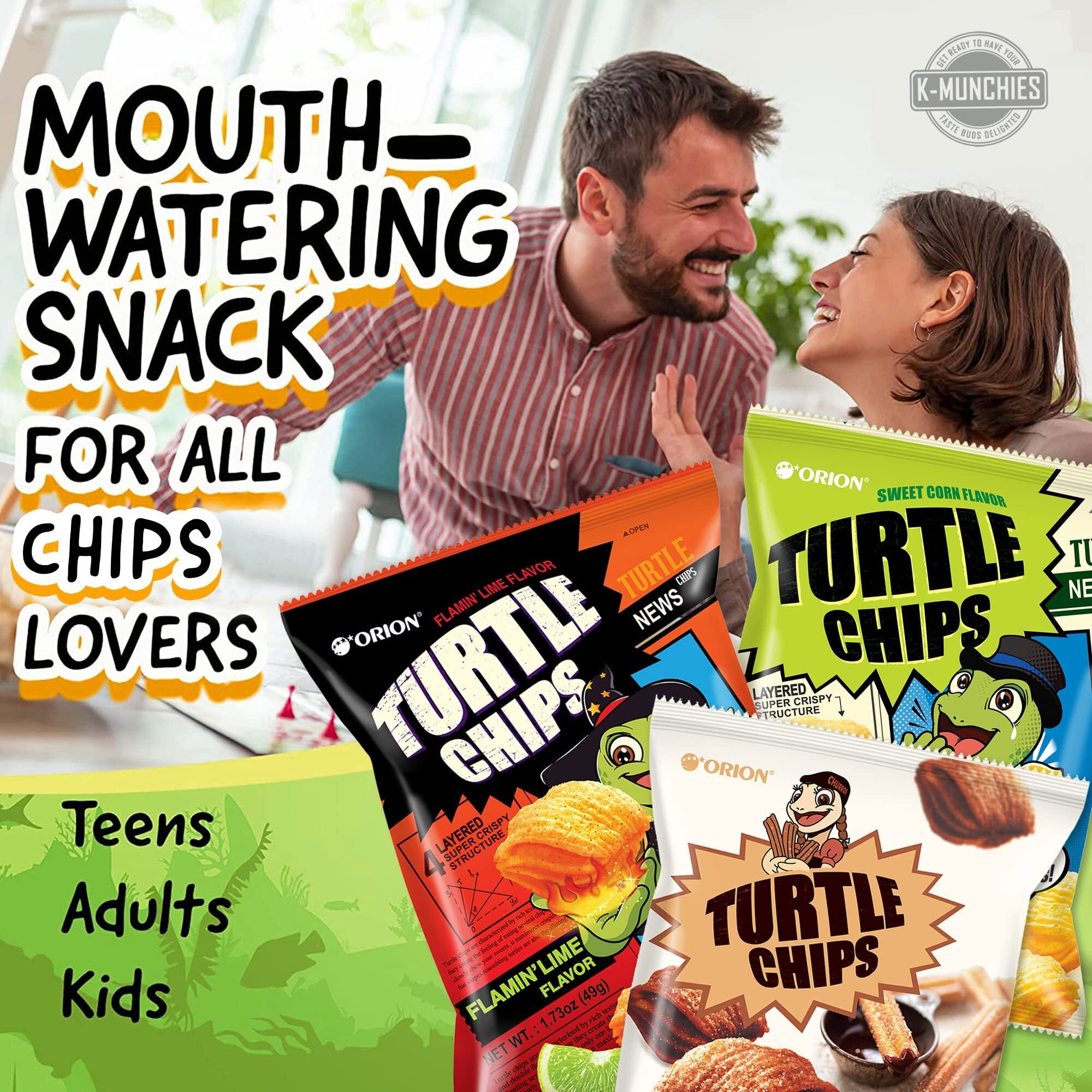 K-Munchies Orion Turtle Chips - 6 Variety Packs, 49G - Churro Chips (2), Sweet Corn Chips (2), And Flamin' Lime Korean Chips (2) - Savory, Crispy Korean Snacks - On-The-Go Korean Corn Snack Chips