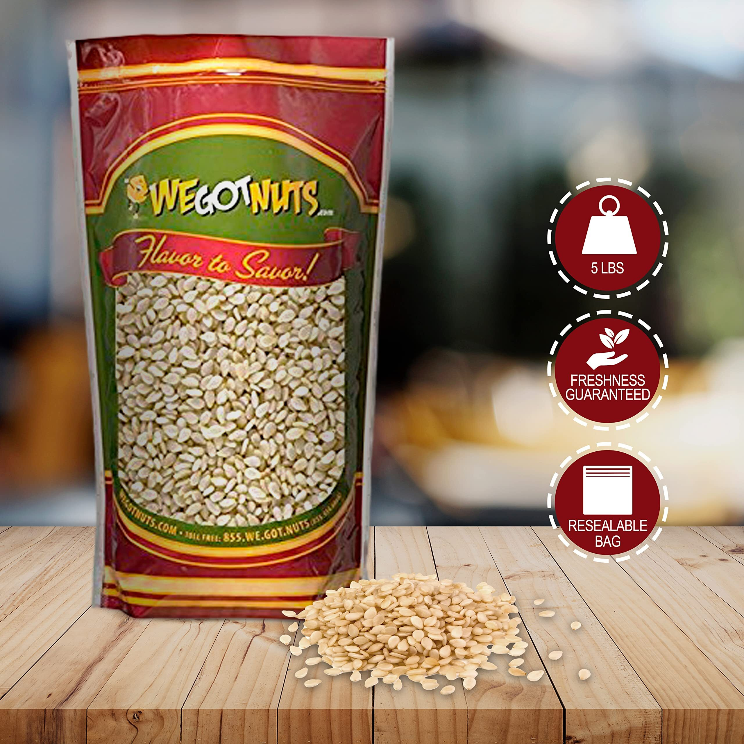 We Got Nuts White Hulled Sesame Seeds 5 Lbs (80Oz) Bag | No Preservatives Added, Non-Gmo, 100% Natural With No Shell | For Baking, Salad Toppings, Cereal, Roasting