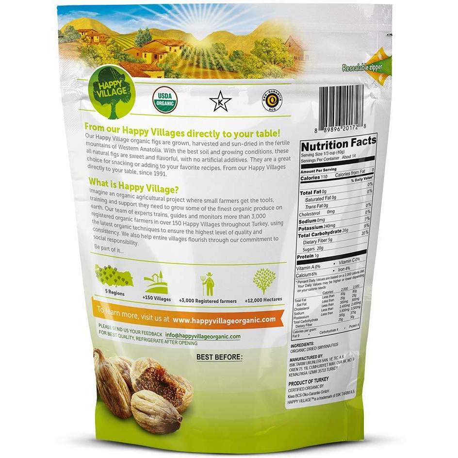 Organic Turkish Dried Figs, No Sugar Added Dried Fruit | Happy Village | 20 Oz Fresh Packed - Unsweetened Unsulfured Fruits - Sun Dry Smyrna Fig