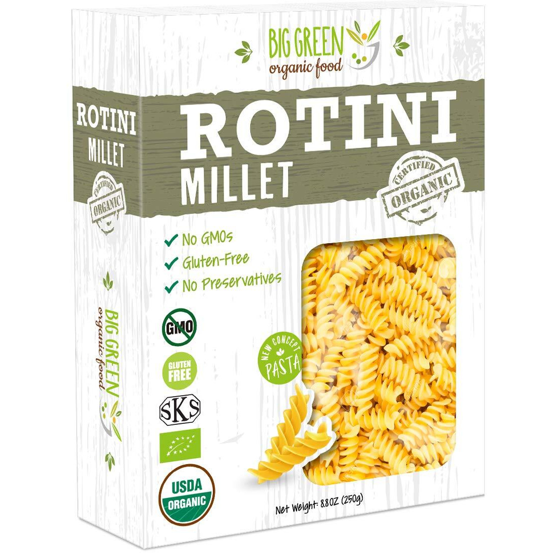 Big Green Organic Food- Organic Millet Rotini, 8.8Oz, Gluten-Free, Non-Gmo, Vegan (1)