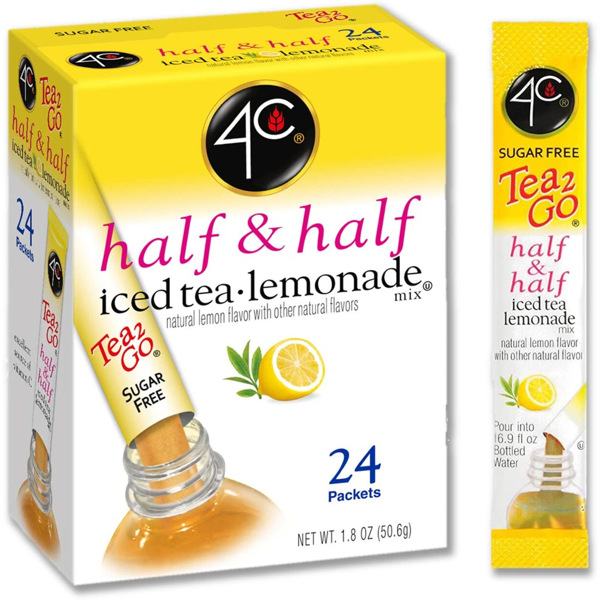 4C Powder Drink Mix Packets, Half & Half 6 Pack, 24 Count, Singles Stix On The Go, Refreshing Sugar Free Water Flavorings