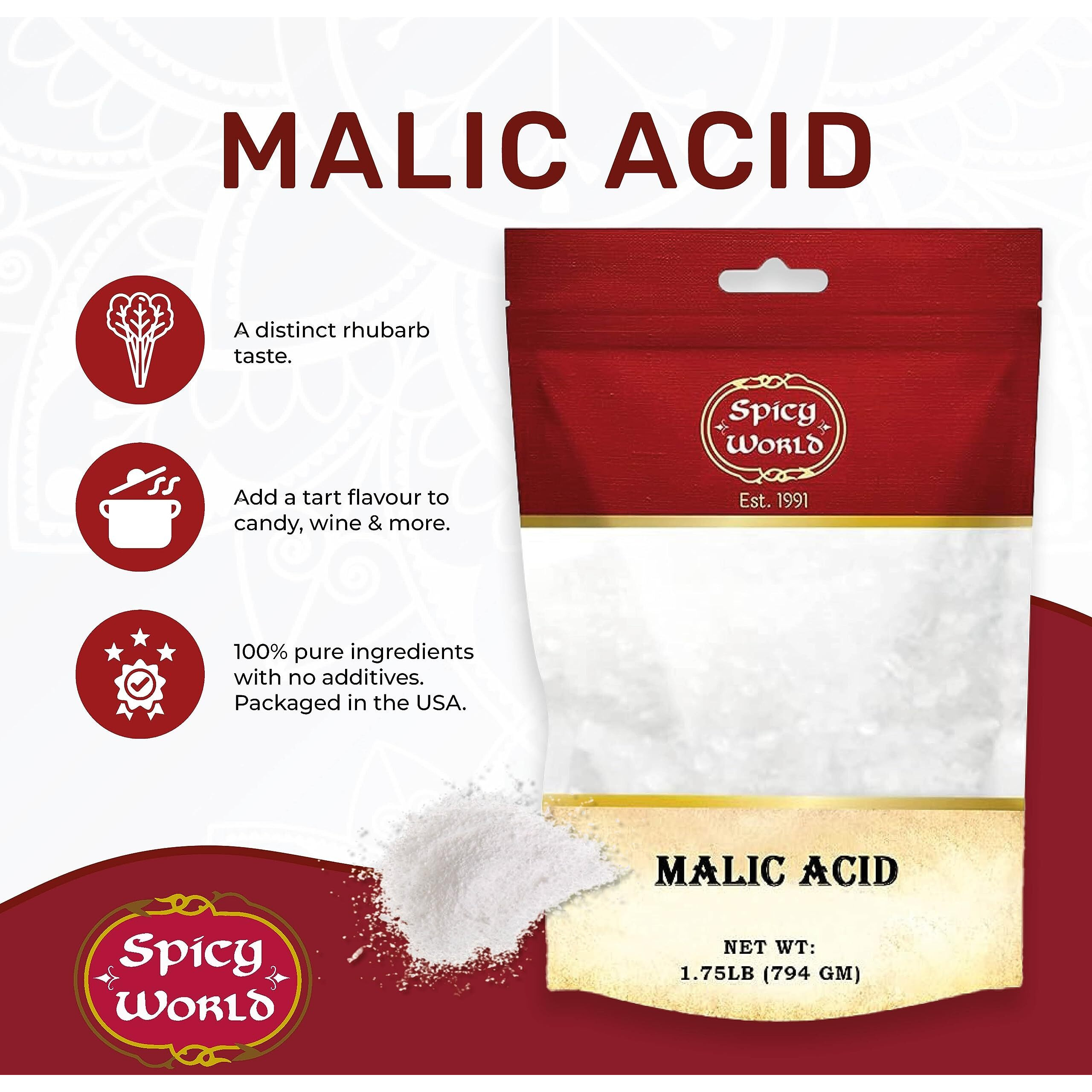Spicy World Malic Acid Powder 1.75 Lb (28Oz) - Food Grade, Crystals, Tart Flavor - 1 Pack Each