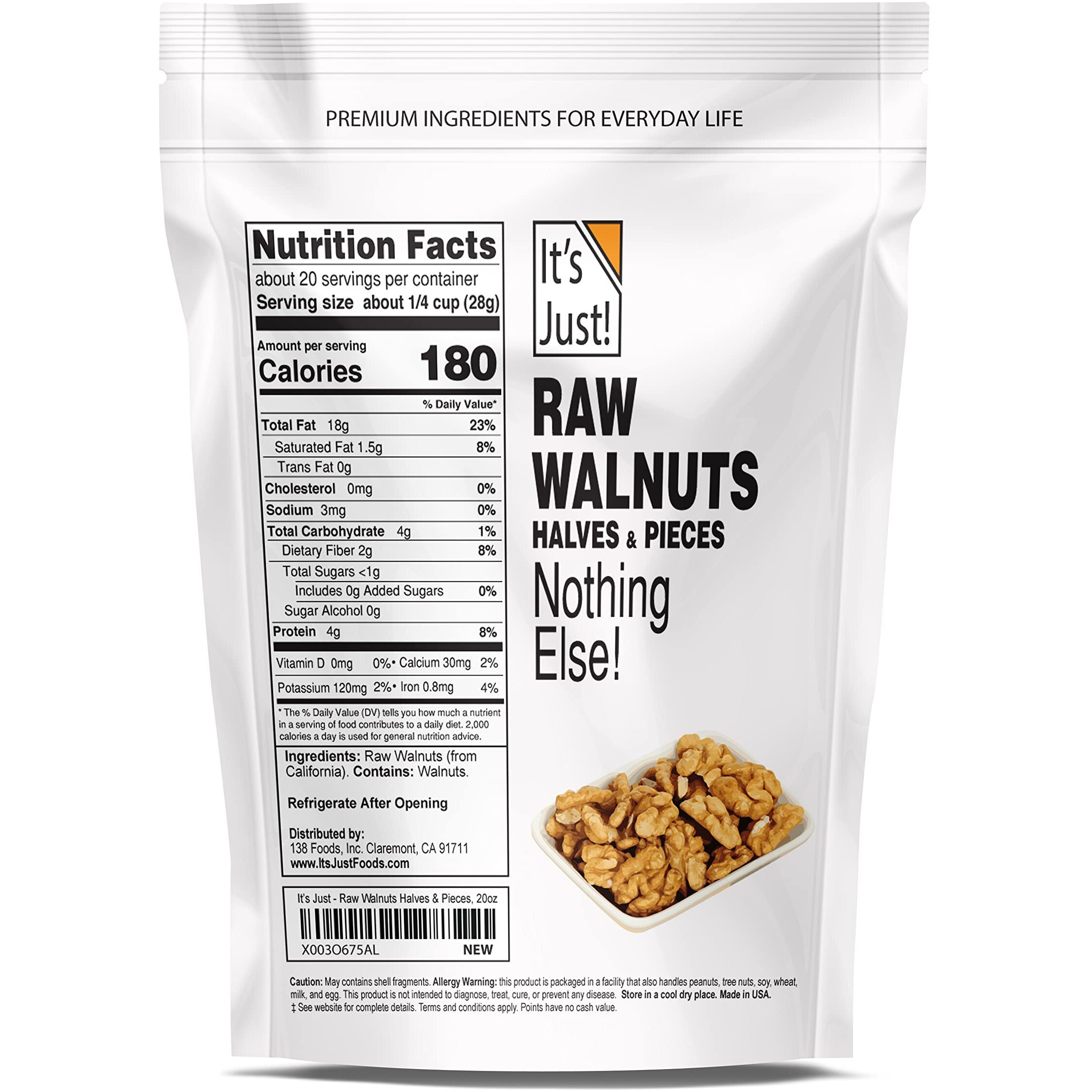 It's Just - Raw Walnuts, Premium Quality, California Grown, Made In Usa, 20Oz (1.25Lb), Unsalted, Halves & Pieces