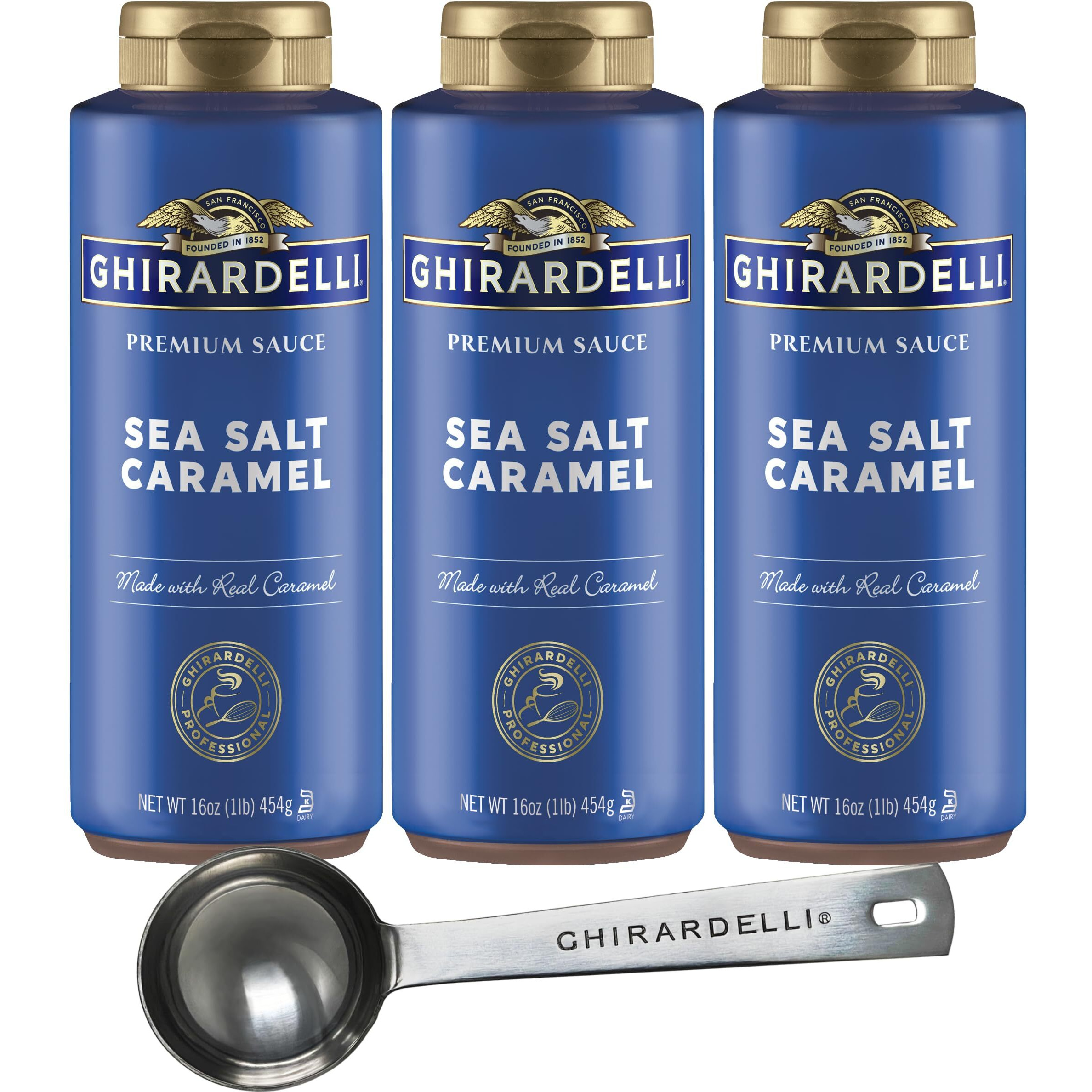 3 Pack - Ghirardelli - Sea Salt Caramel Flavored Sauce - 17 Oz Squeeze Bottle With Limited Edition Measuring Spoon