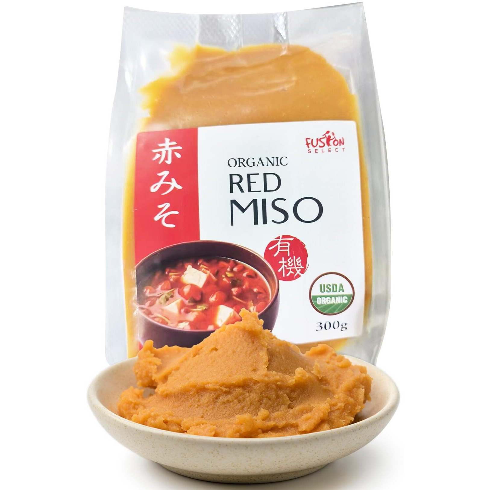 Fusion Select Organic Red Miso Paste - Made Of Fermented Soy Bean & Rice - Savory Japanese Seasoning For Cooking Soup Base, Broth, Stew, Salad Dressing, Sauce, Marinade, Ramen - 15 Servings, 300G
