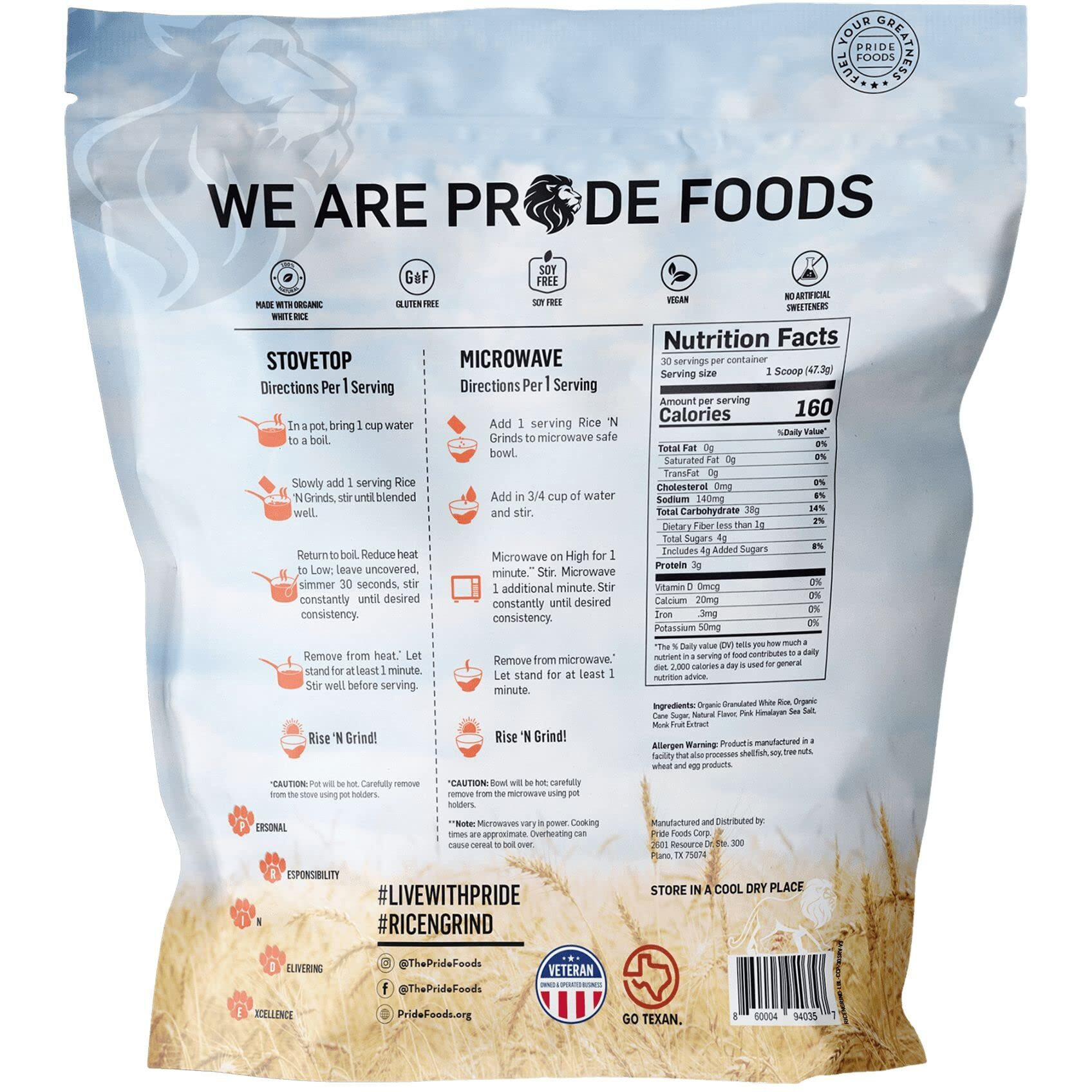 Pride Foods Rice 'N Grinds, 100% Natural Hot Rice Cereal, Coconut Cream Pie, 30 Servings, 50Oz