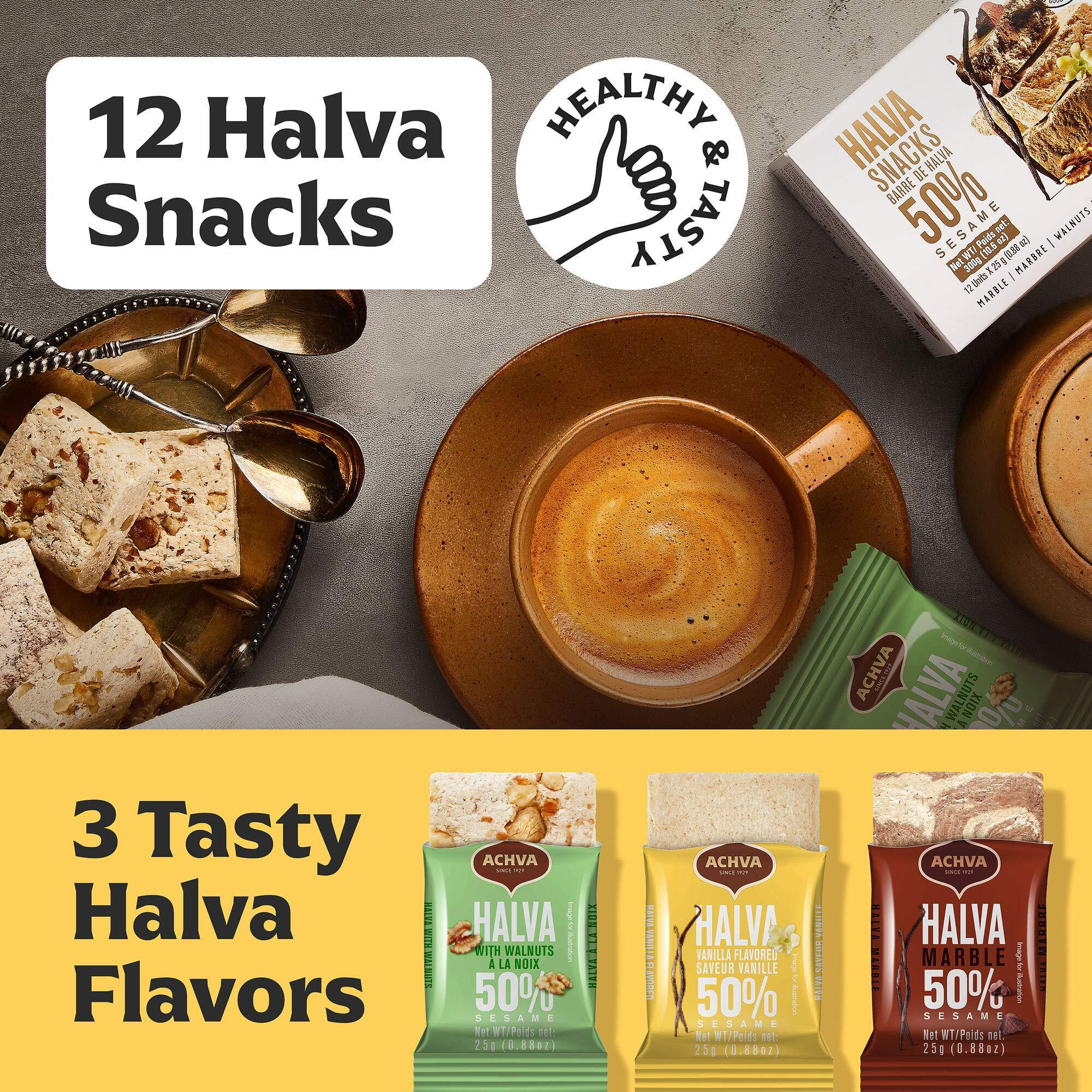 Variety Pack Of Halvah Marble, Vanilla, And Walnut Israel Candy Bars- Vegan-Friendly, Certified Kosher Snacks With No Dairy Or Gluten By Achva, 25 G. Each (2 Pack)