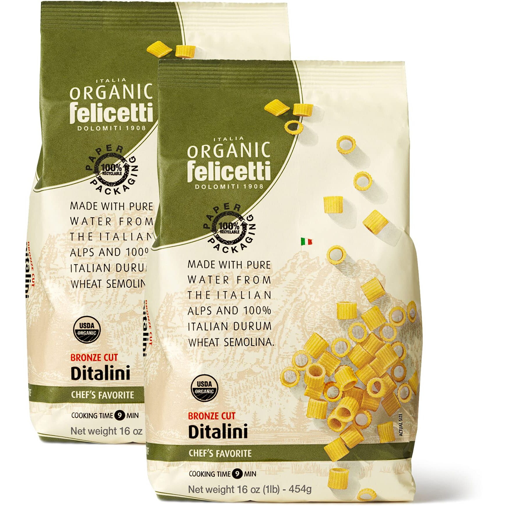 Organic Felicetti Ditalini Pasta Italian Non-Gmo 16Oz (454G) 2 Pack