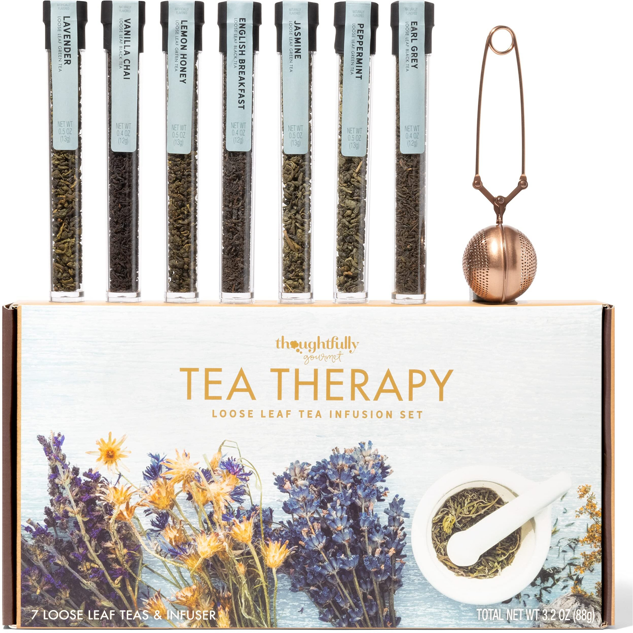 Thoughtfully Gourmet, Tea Therapy Infusion Gift Set, 7 Unique Flavors And Reusable Copper Ball Infuser, Loose Leaf Tea Set Flavors Include Peppermint, Jasmine, Vanilla Chai And More, Set Of 7